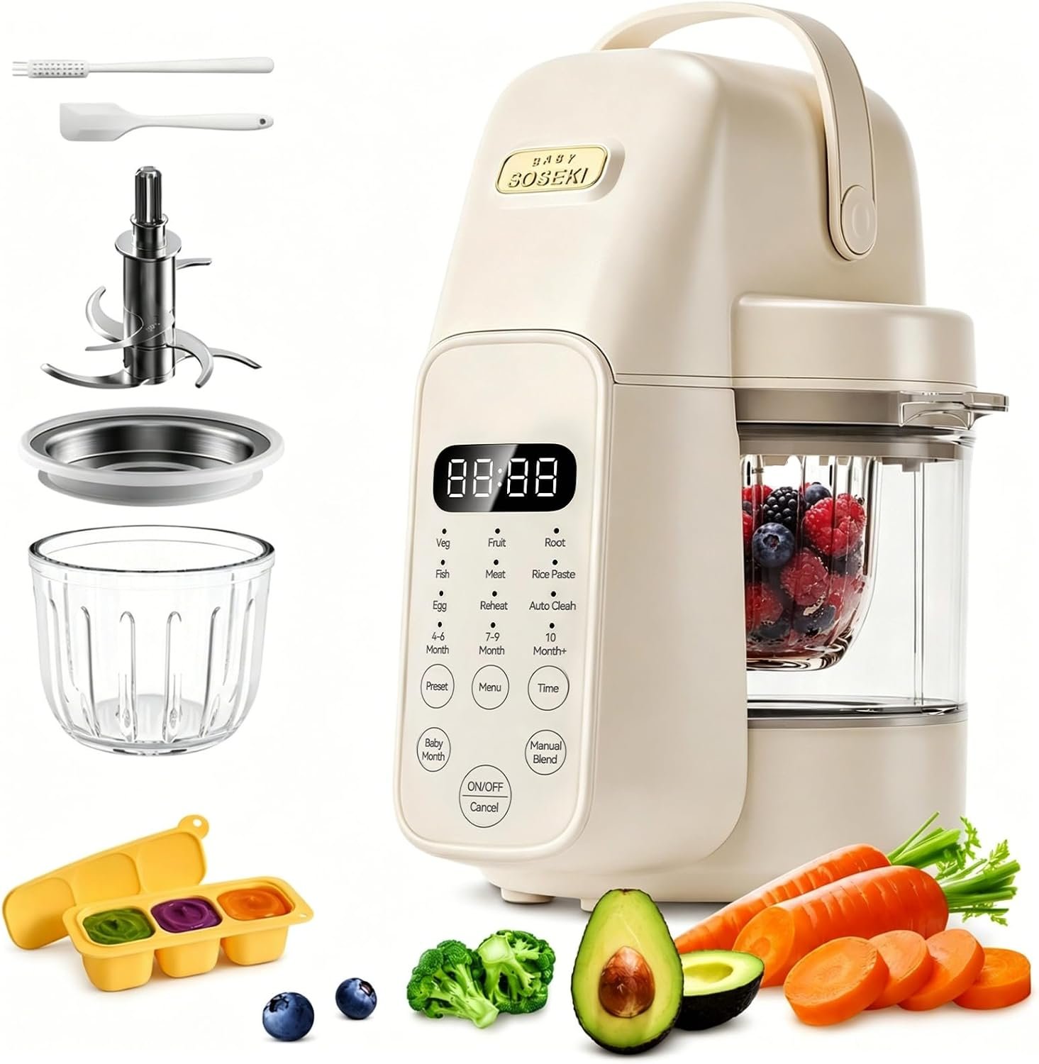 SosekiBaby Tutto Baby Food Maker with Glass Bowl,3-Stage Texture,Ivory | 9-IN-1 Baby Puree Blender Processor and Steamer | 316L Stainless Steel Blades | Auto Cooking Easy Cleaning | BPA-Free