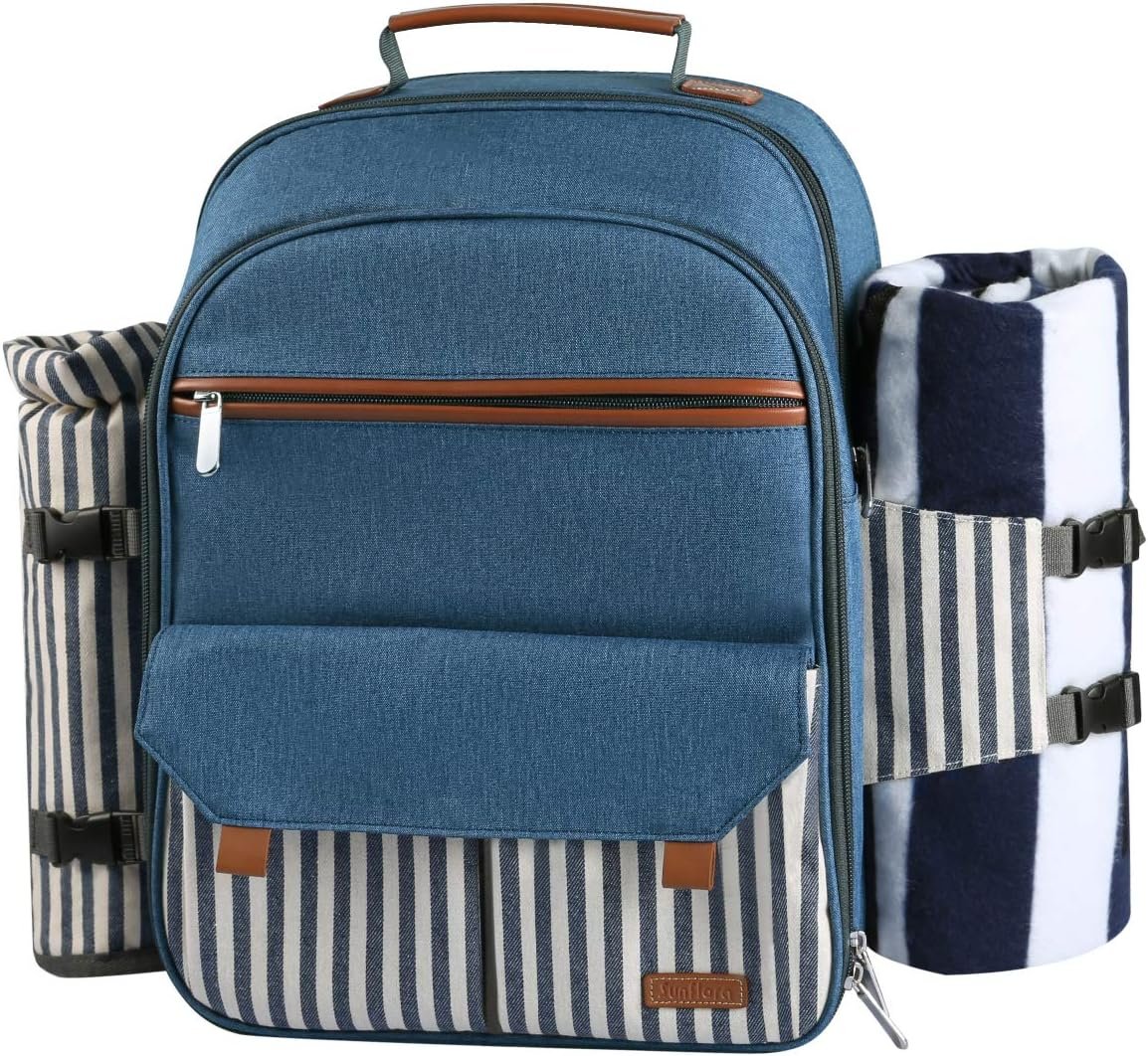 Sunflora Picnic Backpack for 4 Person Set Pack with Insulated Waterproof Pouch for Family Outdoor Camping(Blue & Stripe) | Picnic Backpack with Cooler Compartment, Blanket and Stainless Steel Cutlery Set for Couple, Lovers and Friends
