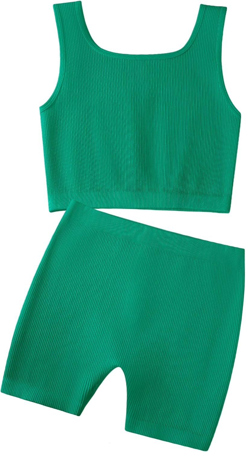 Girls 2 Piece Outfits Seamless Ribbed Cropped Tank Top Shorts Set | Teen Two Piece Outfit Tween Summer Dance Vacation Yoga Crew Neck Youth Athletic Workout Set Kids High Waist Elasticity 6-14Y