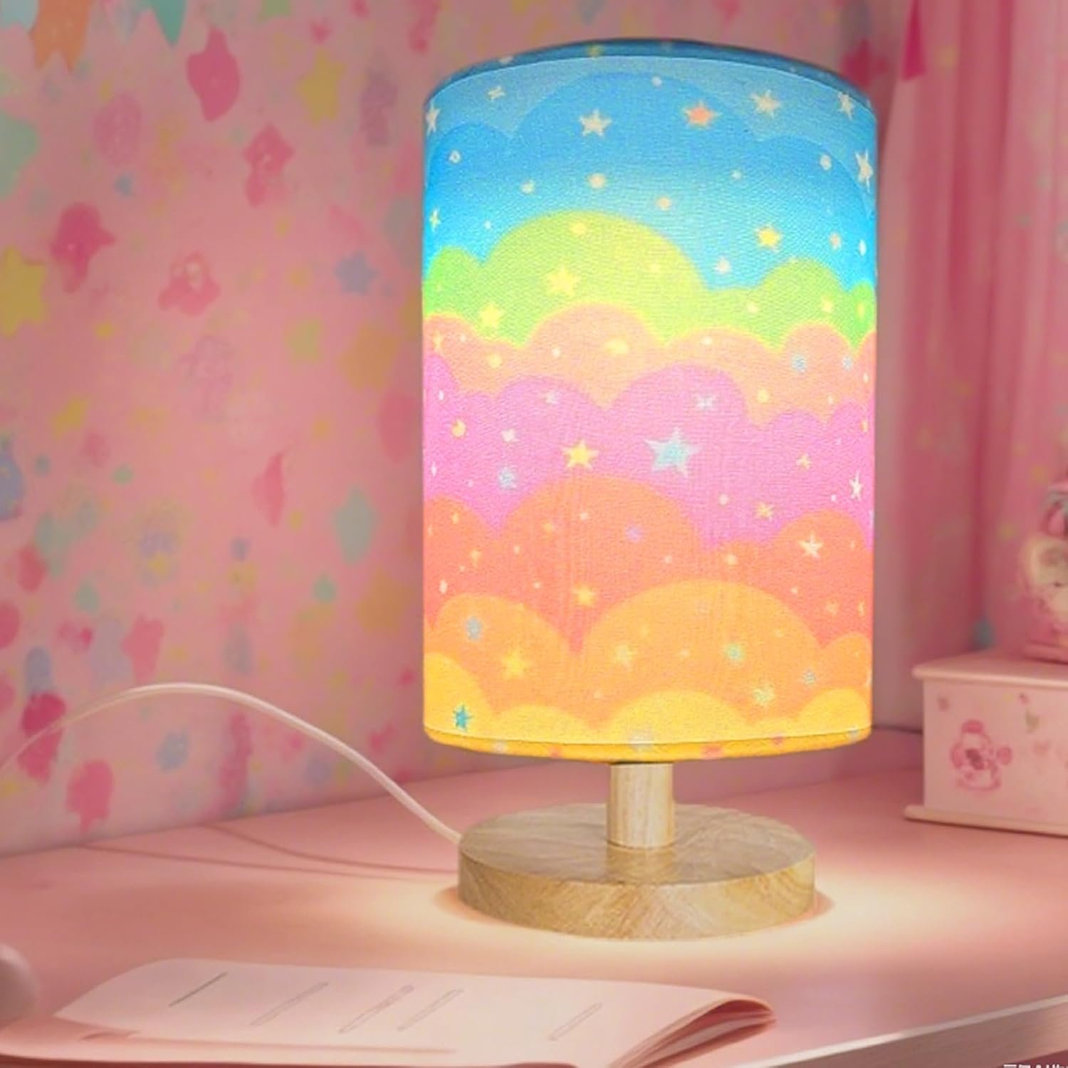 Kids Table Lamp for Bedroom, Rainbow Lamp, 3 Level Dimmable Wood Nightstand Desk Base Flaxen Fabric Shade for Bedroom Living Room,Rainbow Lamp Gifts for Girls (Colorful)