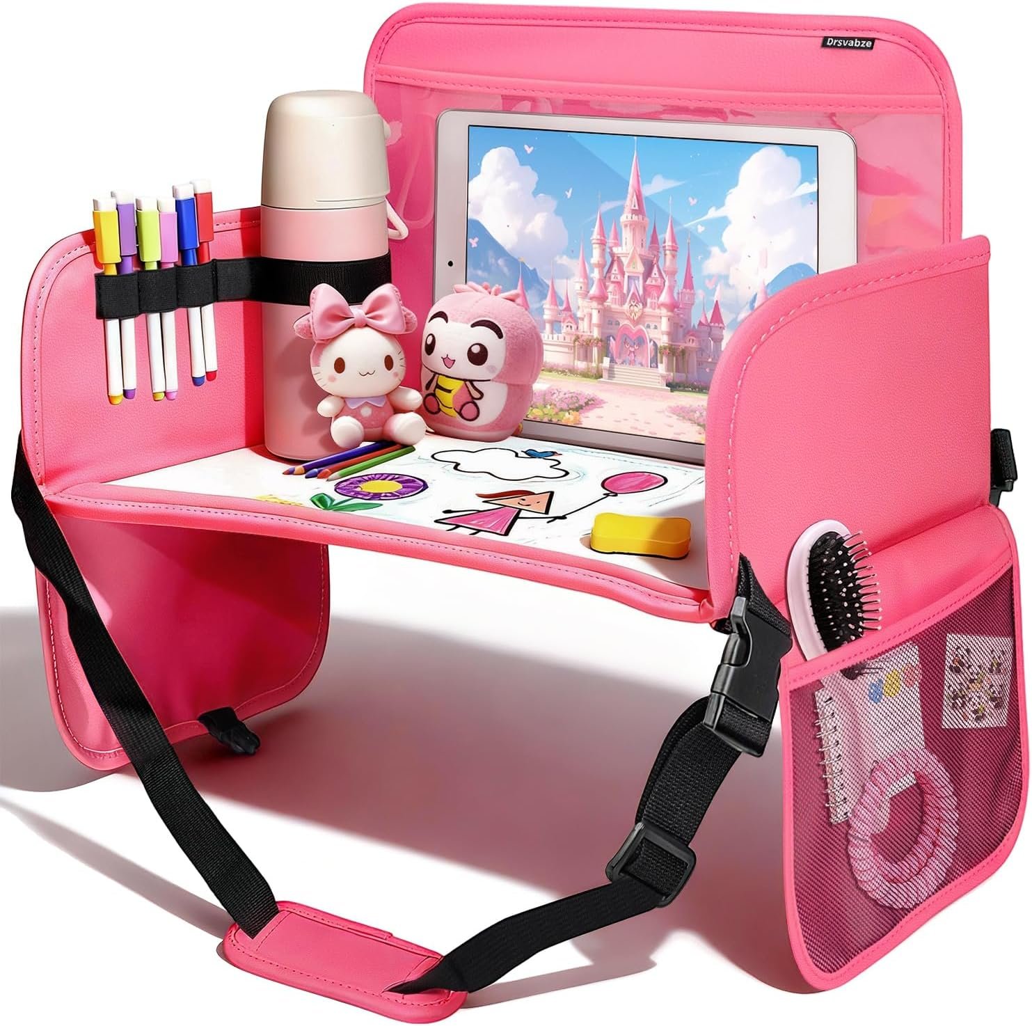 Leather Kids Travel Tray for Long Car Ride- Car Seat Tray for Kids Travel, Road Trip Essentials, Carseat Table for Roadtrip Activities – Toddler Lap Desk Organizer for Airplane (Pink)