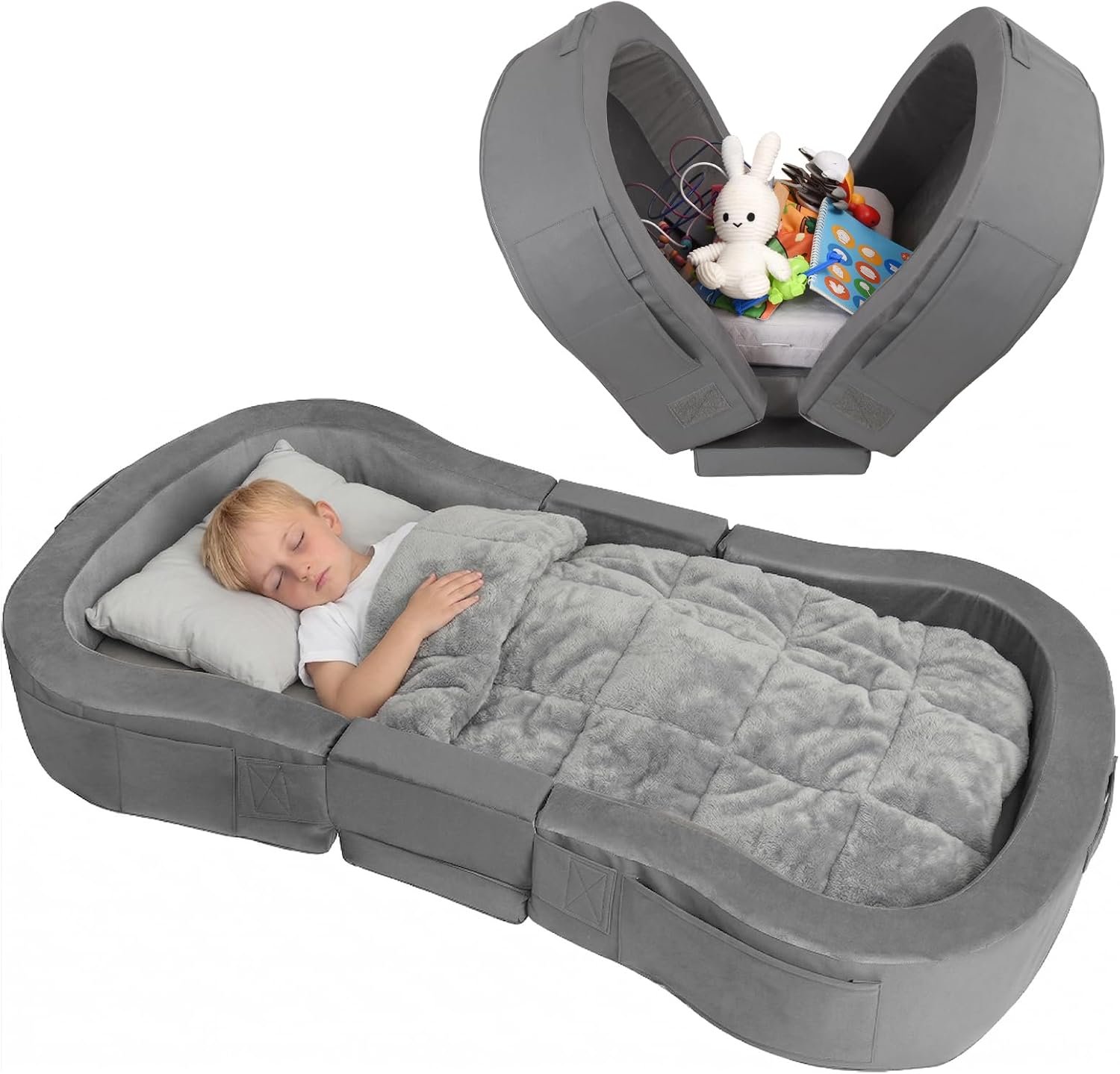 ENITYA Foldable Foam Toddler Travel Bed with Washable Cover | Portable Floor Cot for Kids 25–48 Months, Easy to Use, Compact for Grandparents’ House, Camping, Hotel Stays, Grey