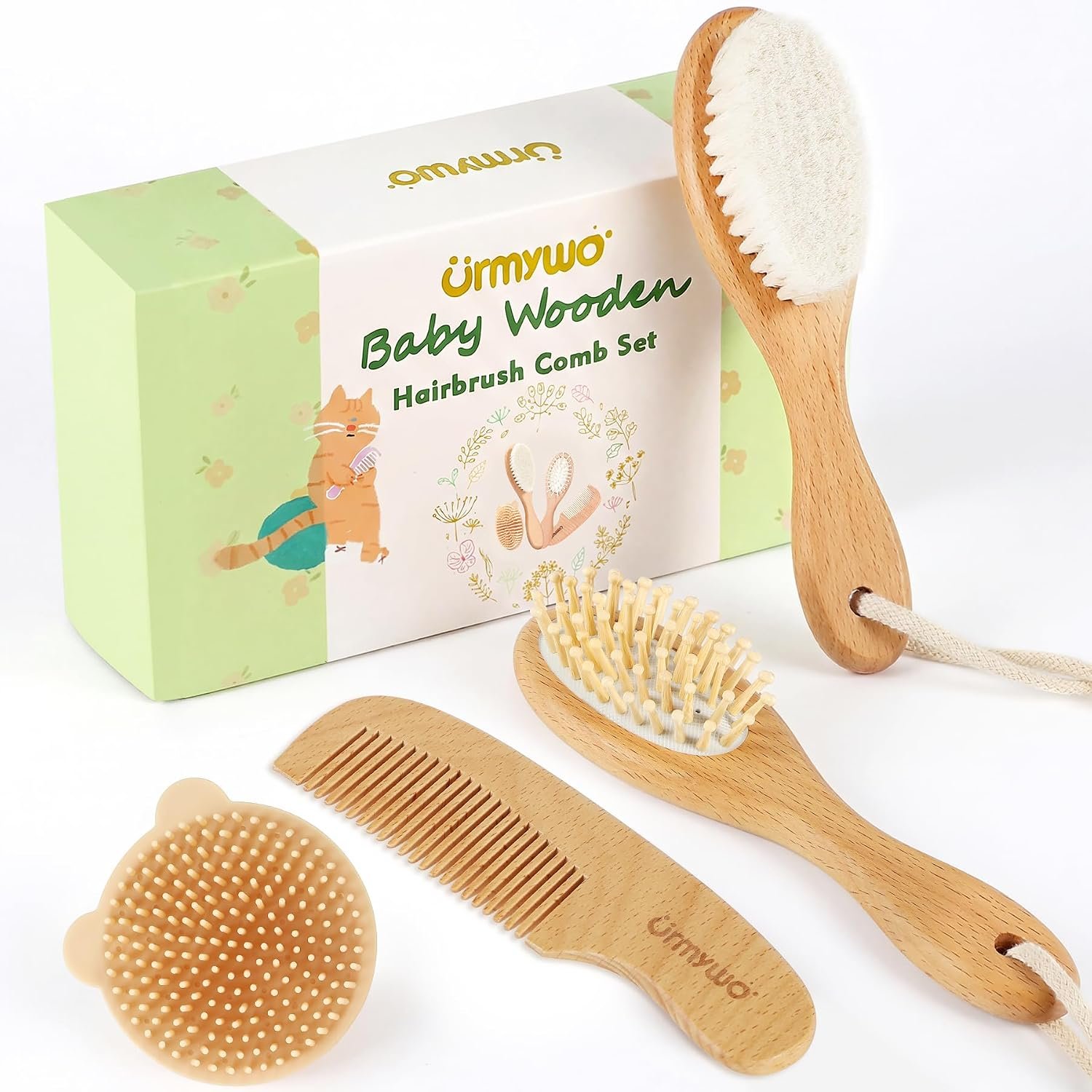 Baby Brush and Comb Set – 4 Piece Wooden Soft Bristle Hairbrush for Newborns, Baby Brush for Cradle Cap – Essentials Care Kit – Baby Shower Gift for Boys & Girls