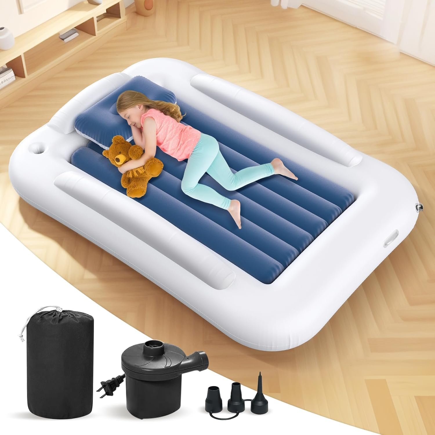 Inflatable Toddler Travel Bed – 60 Inches Portable Toddler Bed for Travel with Safety Sides – Cozy Kids Air Mattress Set with Built-in Electric Pump & Carry Case- Easy to Inflate – Sea Blue