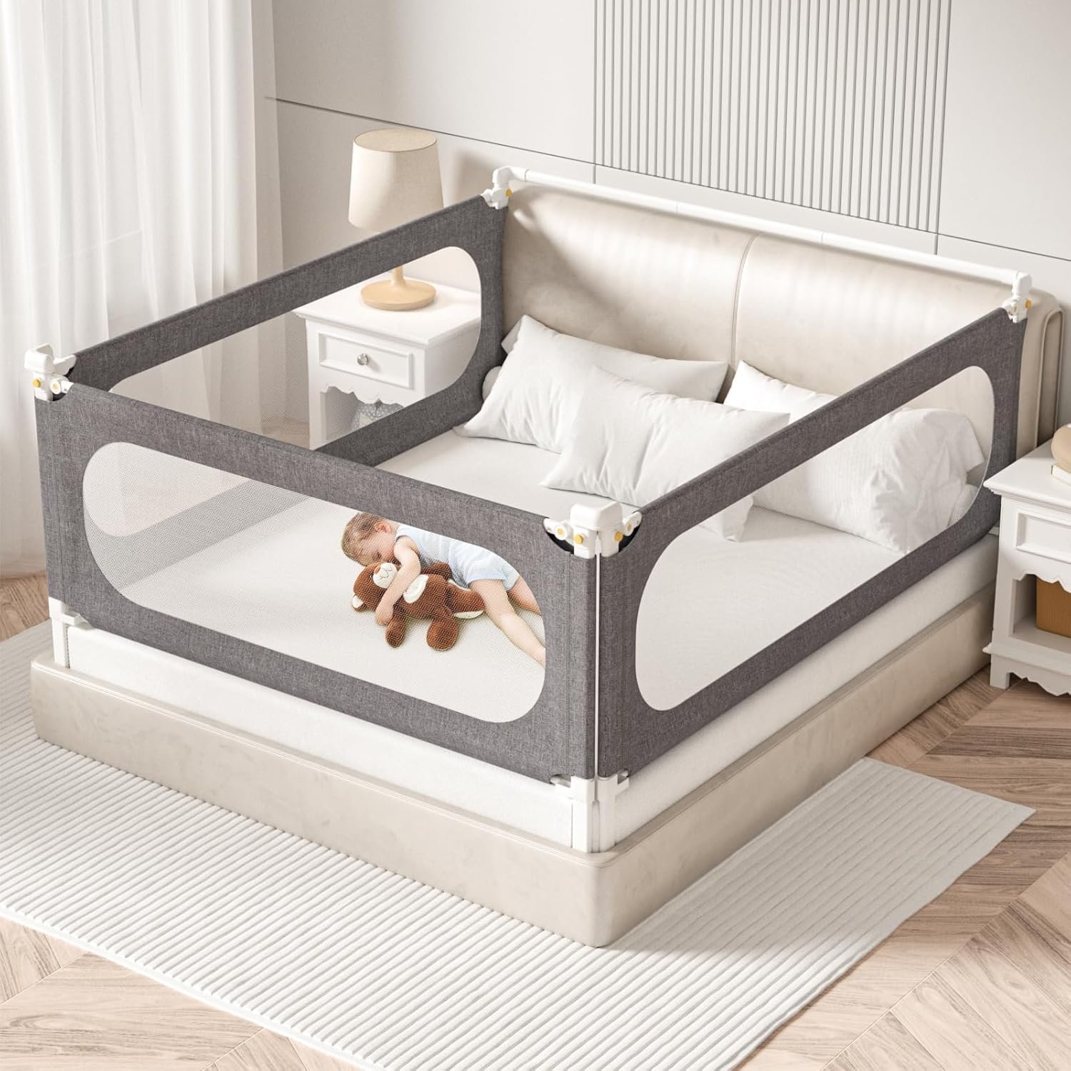 3-Piece King Size Bed Rails for Toddlers, with Headboard Rod -Height Adjustable Baby’ Safety Bed Rails Guard for King Size Bed(3Pack 78.7″x78.7″x74.8″-Gray)
