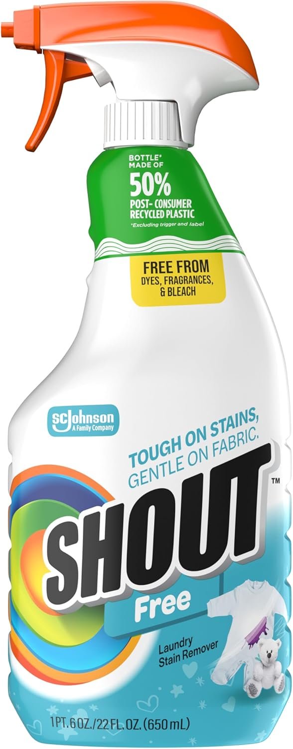 Shout Free Laundry Stain Remover Spray, Active Enzyme Formula is Fragrance, Bleach, and Dye Free, Removes Everyday Stains including Baby Stains – 22oz Spray