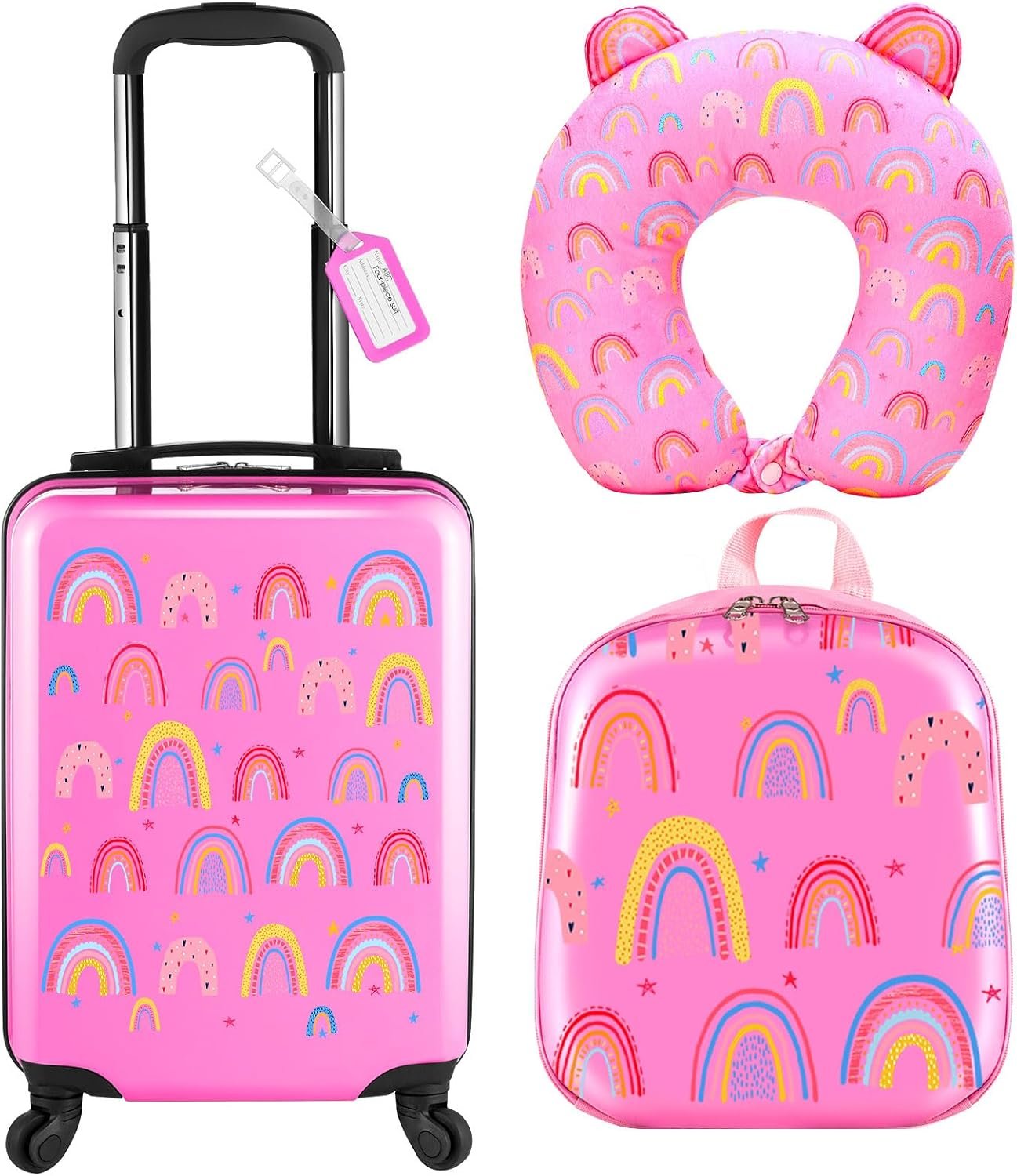 Sanwuta 4 Pcs Kids Luggage Set Back to School Gifts for Girls Boys Carry On Rolling Suitcase Backpack Neck Pillow Travel Set(17 Inch,Rainbow Style,Pink)