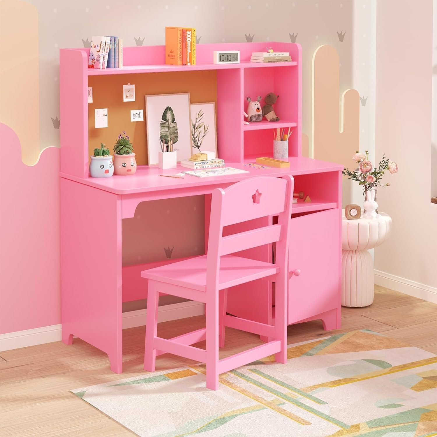 GAOMON Kids Desk & Chair Set with Hutch, Wooden Writing Table with Storage Cabinet for Kids Bedroom, Study Room, Computer Workstation, Pink (Pink)