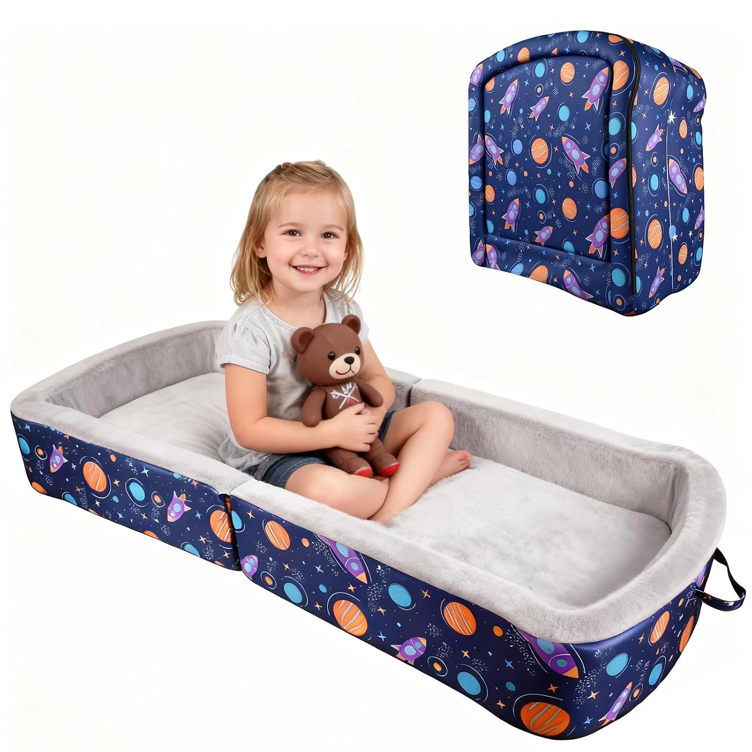 Portable Toddler Travel Bed Foldable Toddler Bed with Washable Cover Toddler Floor Beds for Home,Travel & Camping, Soft Foam Cots for Kids Aged 18M+, No Assembly, Blue