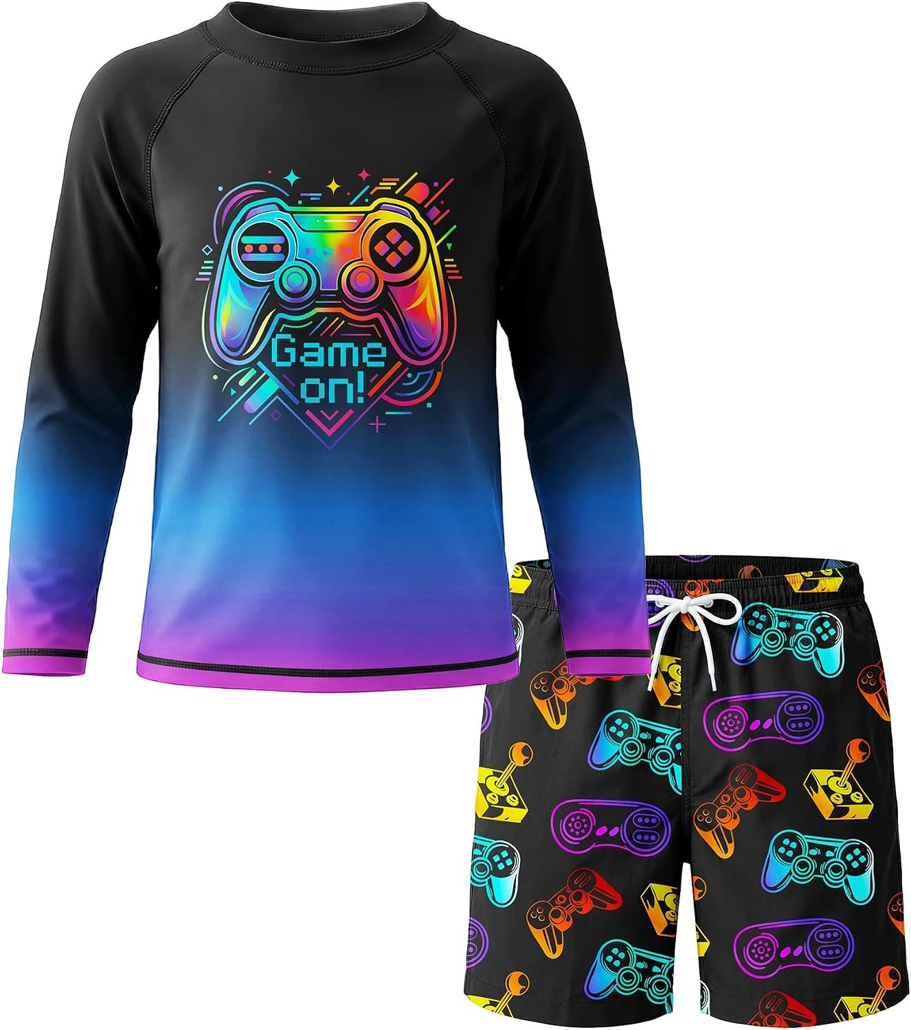 Boys Two Piece Rash Guard Swimsuits Set Kids Long Sleeve Shirt with Swim Trunks Bathing Suit Shorts Swimwear Set 7-16 Years
