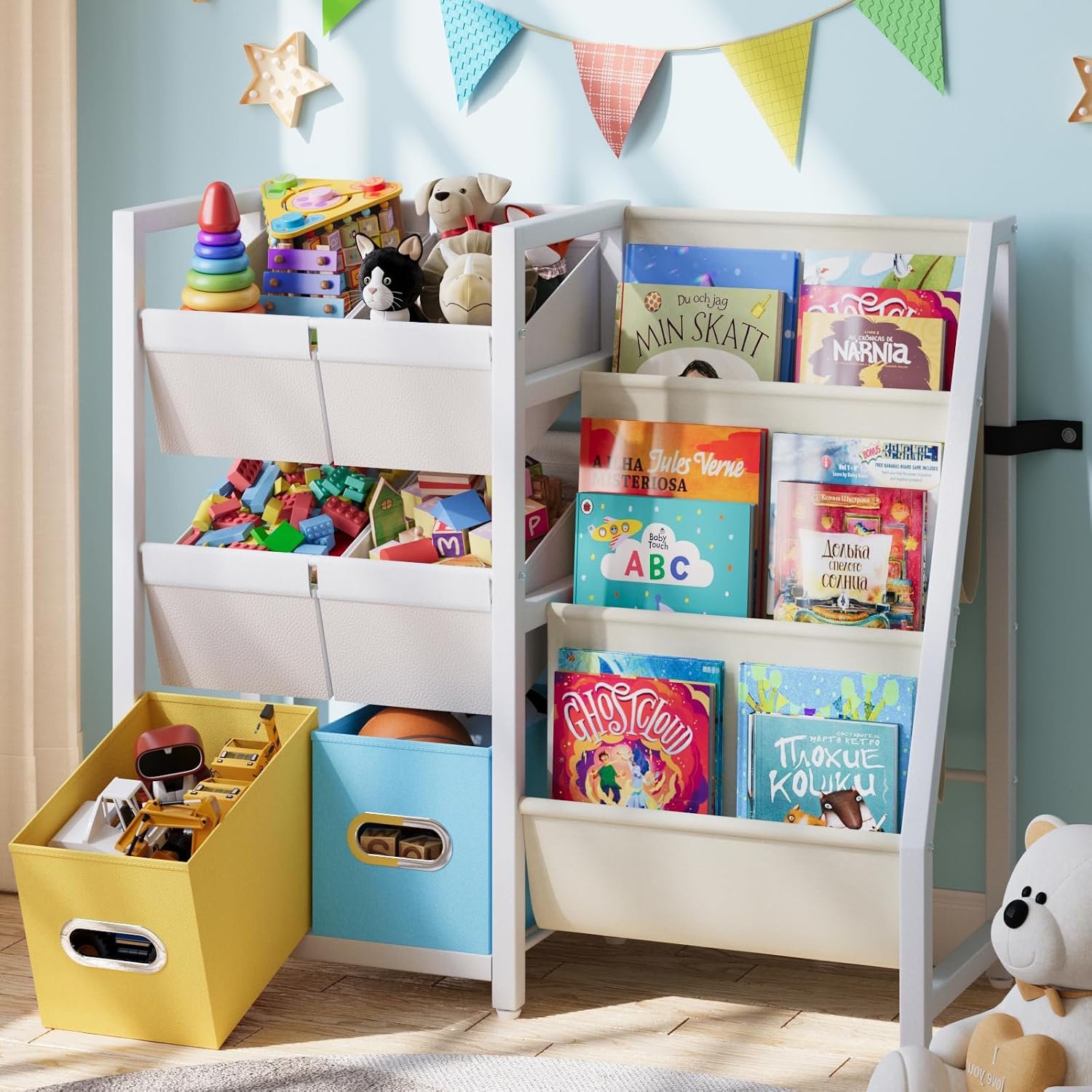 LATIBELL Kids Bookshelf Toy Storage Organizer – Book Shelf for Kid Rooms, 6 Toy Bins for Kid Organizer and 3 Sling Kids Bookcase, Toddler Baby Montessori Nursery Bookshelf Childrens Book Rack Display