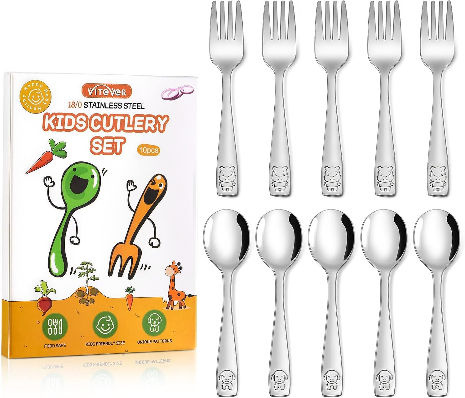 VITEVER 10-Piece Toddler Utensils, Kids Stainless Steel Silverware Set, Children Safe Forks and Spoons – Mirror Polished, Dishwasher Safe