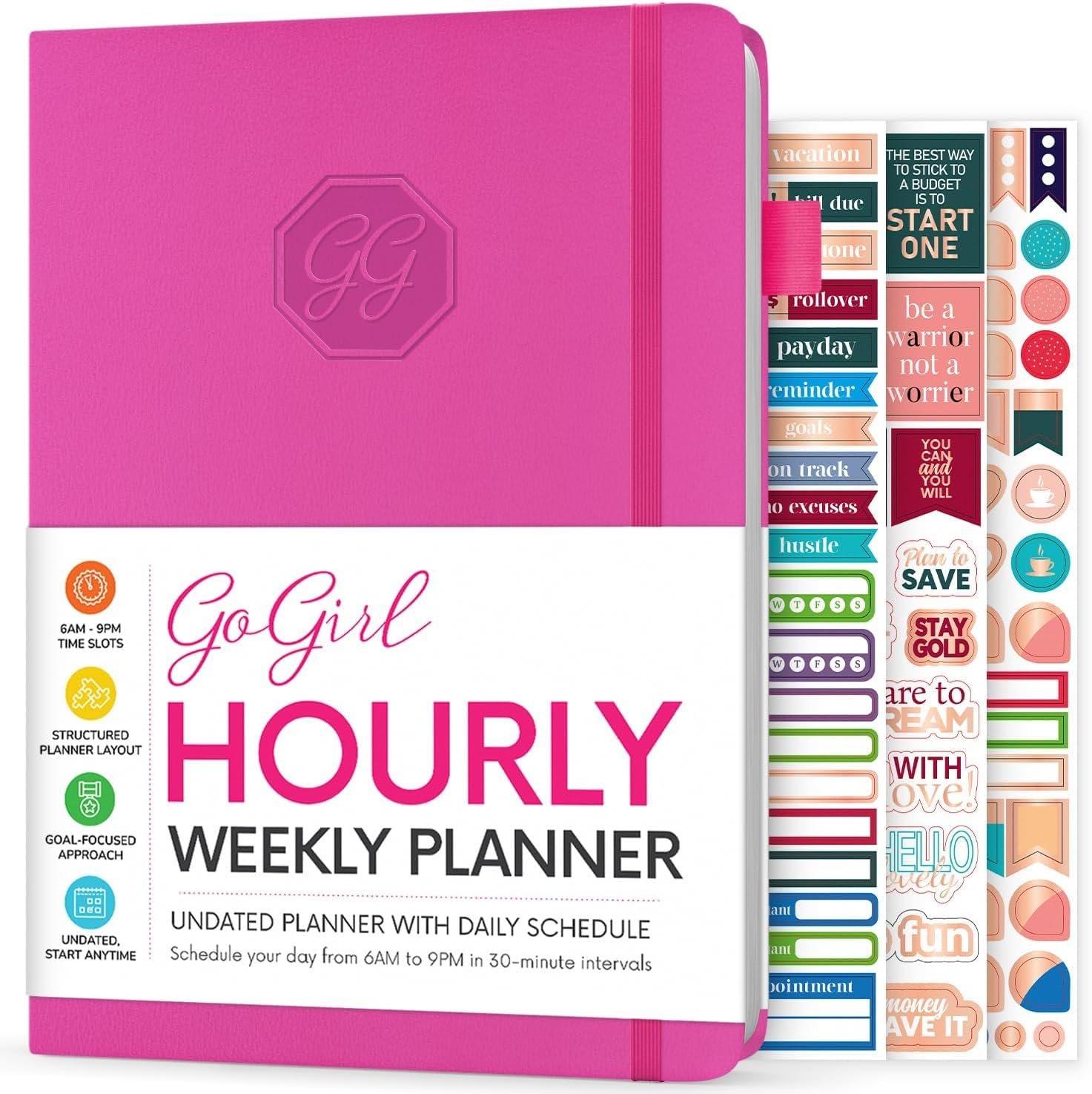 GoGirl Hourly Planner, Weekly & Daily Work Schedule Time Slots Hot Pink | 5.8”x8.3”, Undated, Time Blocking by the hour organizer notebook, hardcover to-do & appointment book, small day agenda