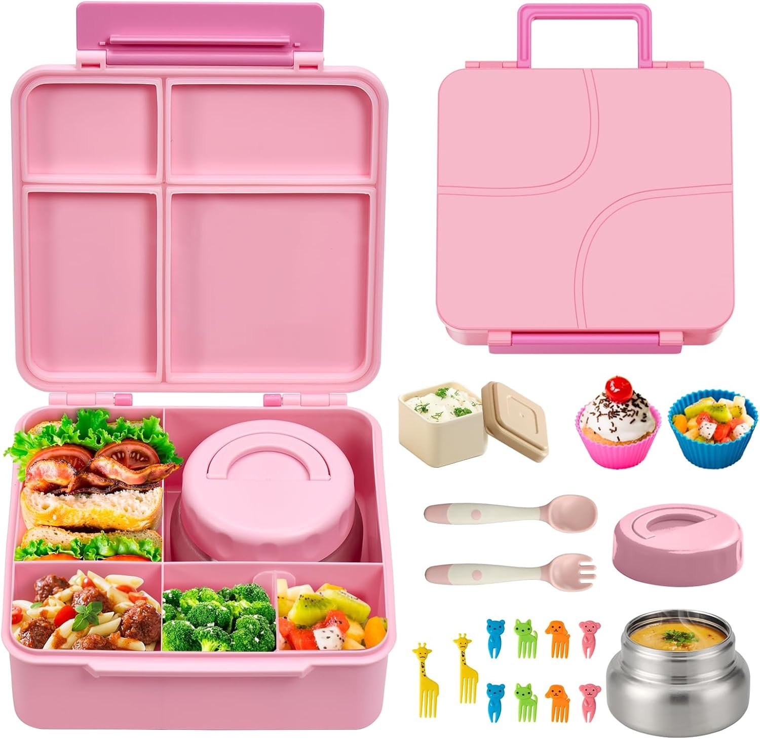 Bento Box for Kids Lunch box with Leak Proof Thermos Food Jar, Food Lunch Containers for Girls with 4 Compartments, Food Picks, Sauce Jar(Pink)