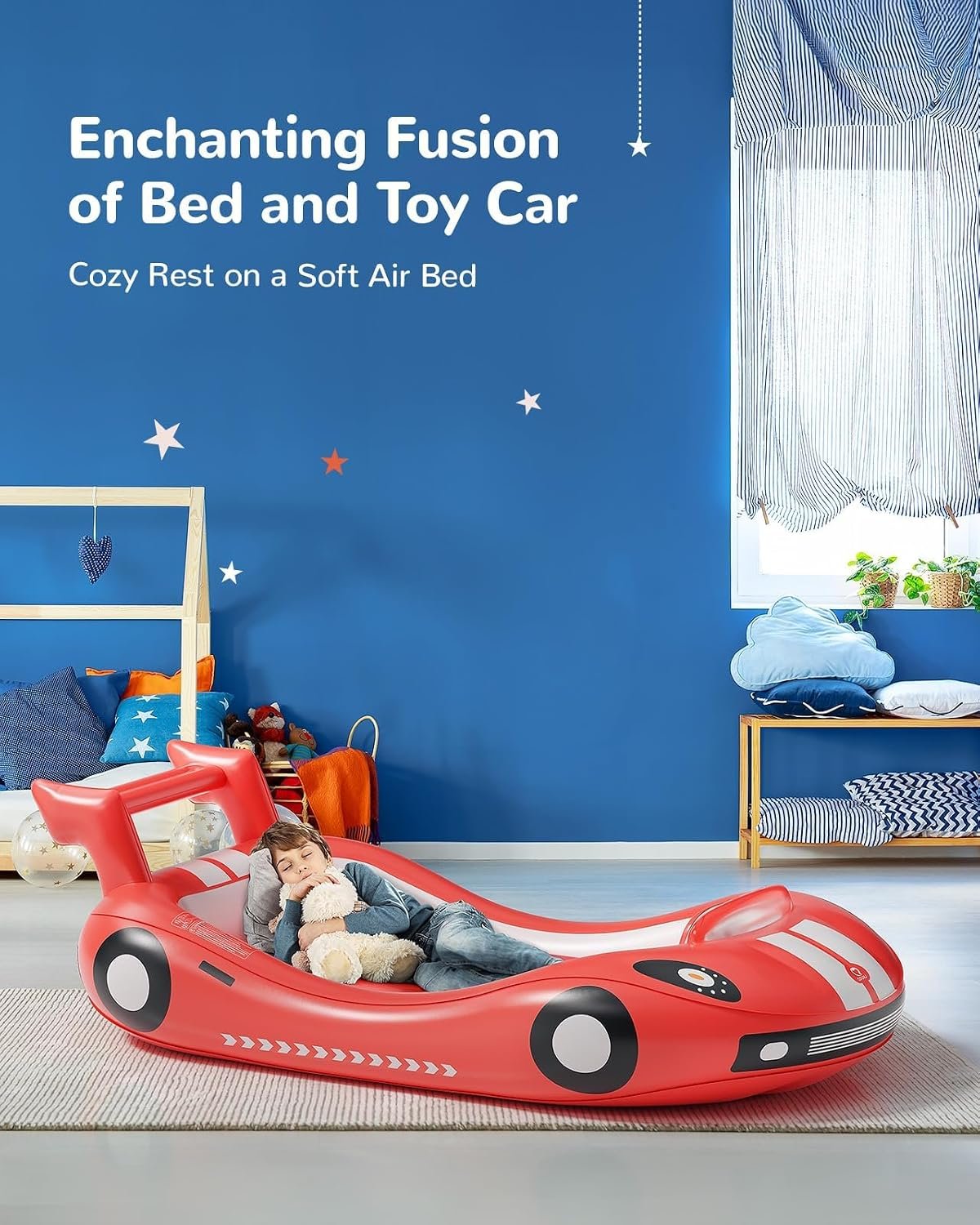 QPAU Inflatable Toddler Travel Bed with Electric Pump, Racing Car Kids Air Mattress with Sides, Portable Blow Up Bed for Camping, Travel, Hotel & Home