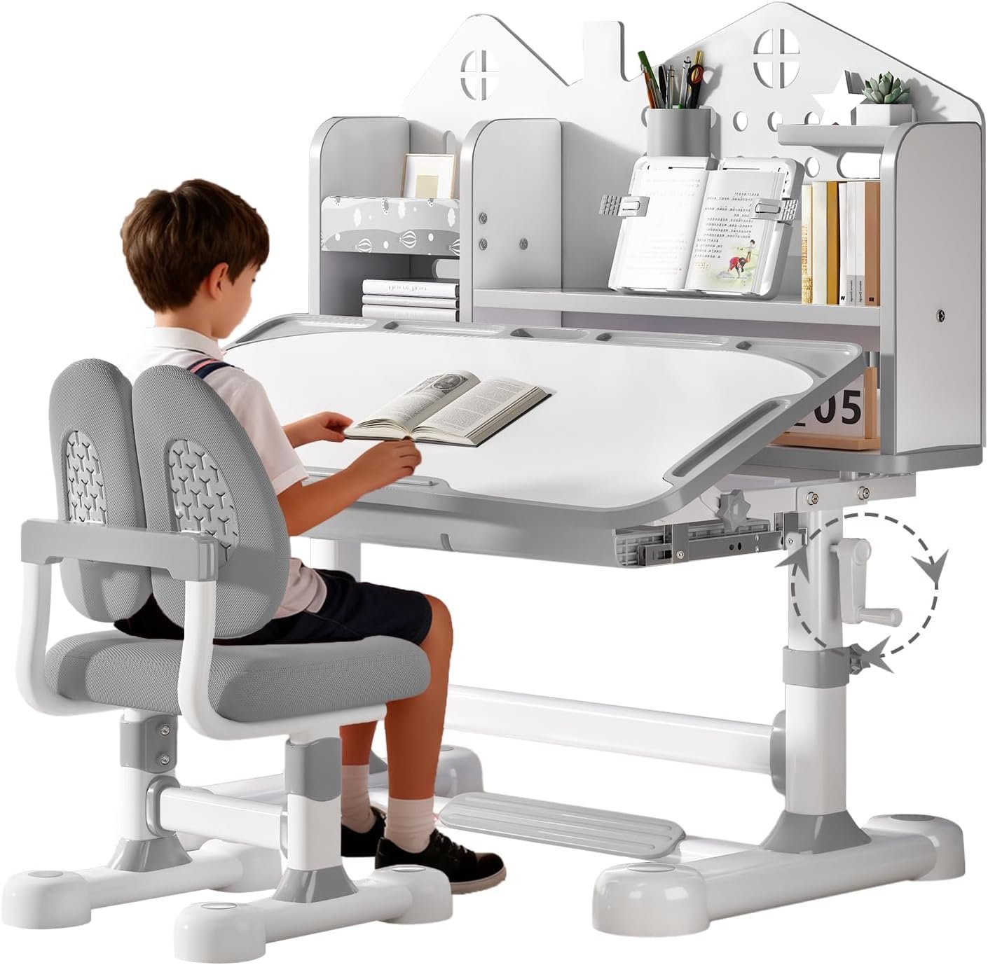Kids Functional Desk and Chair Set – Ergonomic Height Adjustable Art Desk for Bedroom with Tiltable Desktop, Book Stand, Reading Rack & Storage Drawer for Children Boys & Girls(Grey)