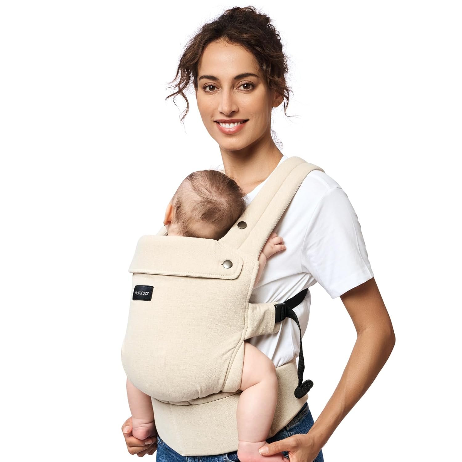 Momcozy Baby Carrier with Natural Cotton Linen, Soft & Cozy, Built to Last | 3D EVA Lumbar Support, Ergonomic X-Shaped Back Design, M-Position Hip Health, Hands-Free for Moms & Dads, Light Amber