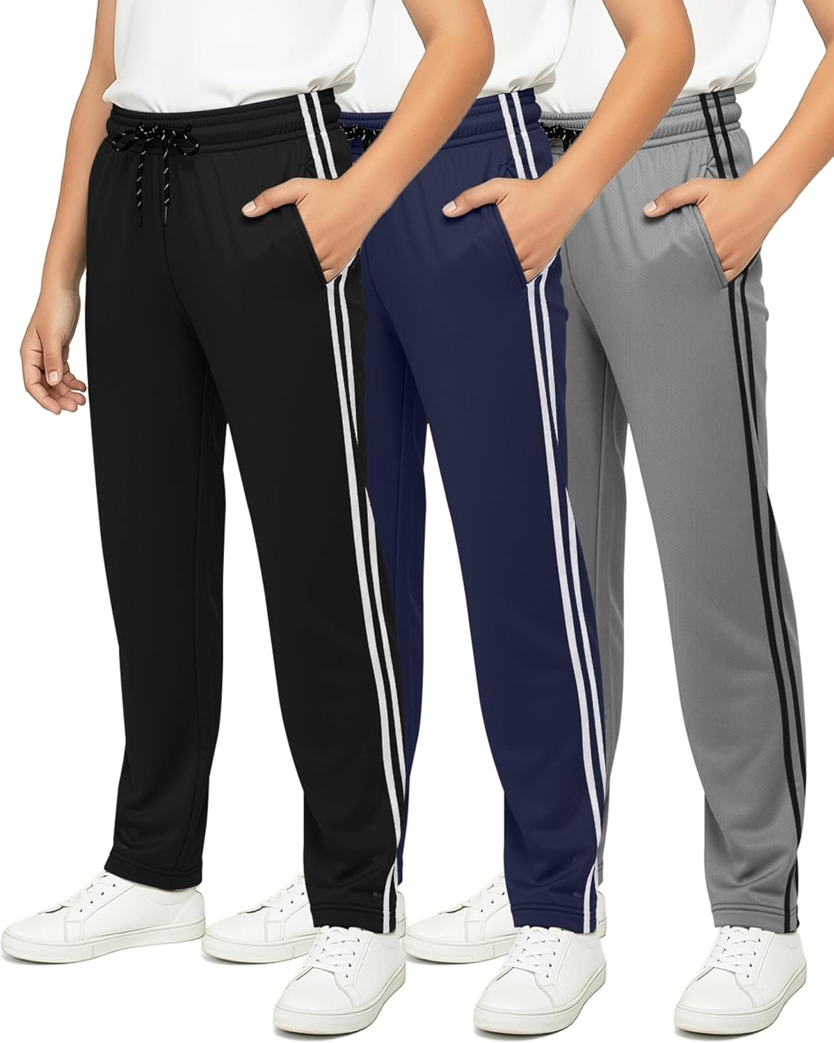 Real Essentials 3 Pack: Boys’ Mesh Open Bottom Active Sweatpants with Pockets & Drawstring