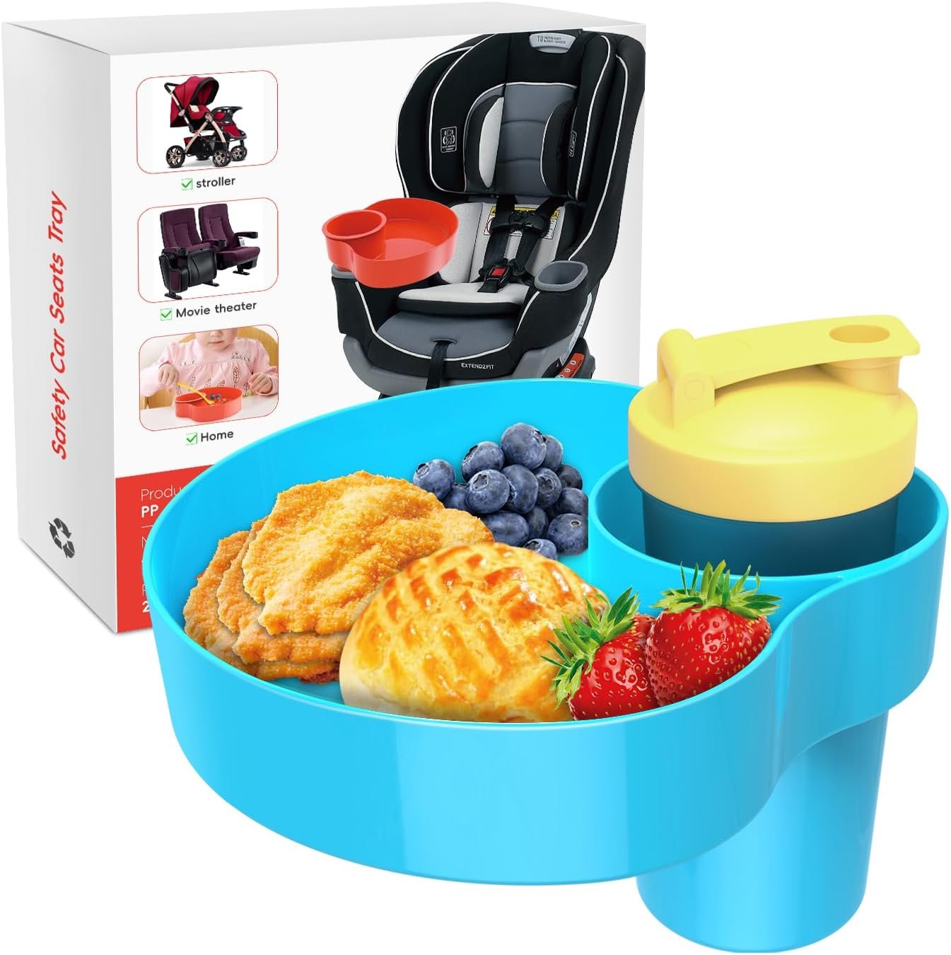 Car Seat Snack Tray for Kids: Kids Car Travel Tray with Cup Holder, Toddlers Road Trip Essential, Snacks Food Plate for Stroller, SnackTray with a Cup Holder (1, Sky Blue)