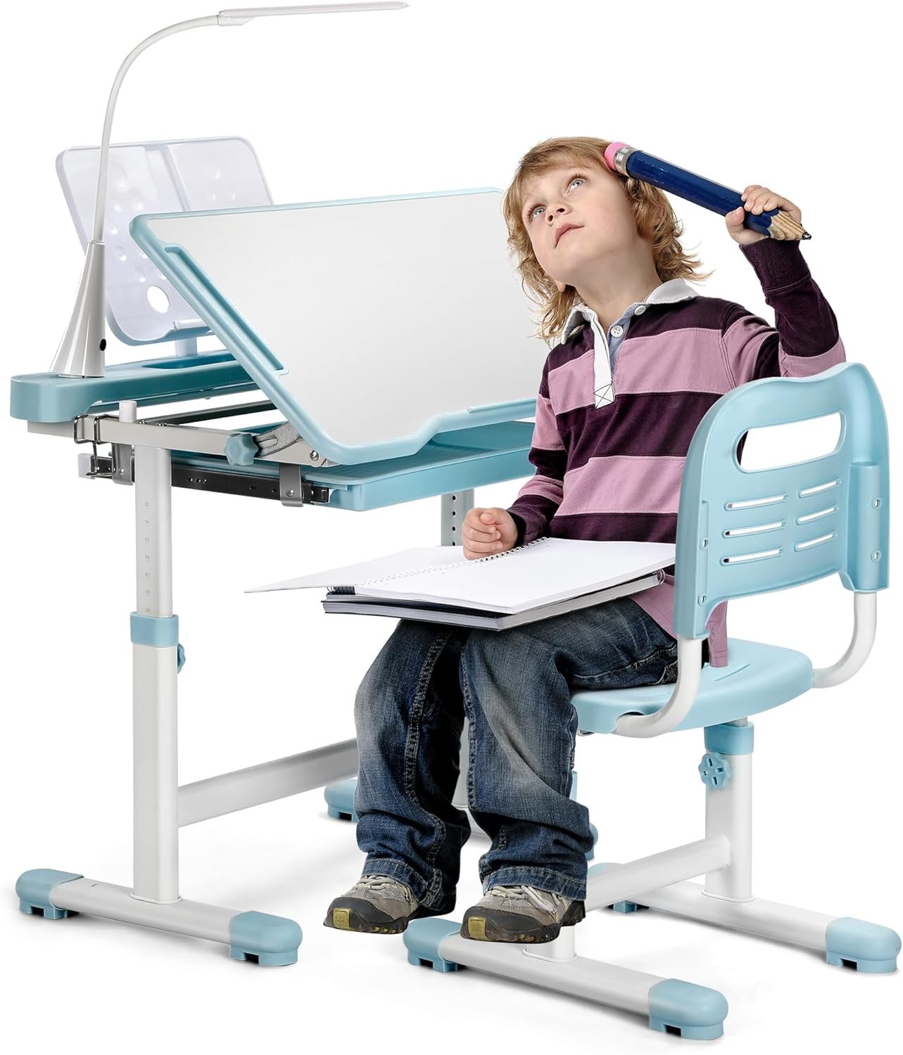 Rengue Kids Desk and Chair Set, Height Adjustable Children School Functional Study Desk with 55° Tiltable Desktop, 3 Modes & Brightness LED Light, Storage Drawer & Metal Hook for Boys Girls (Blue)