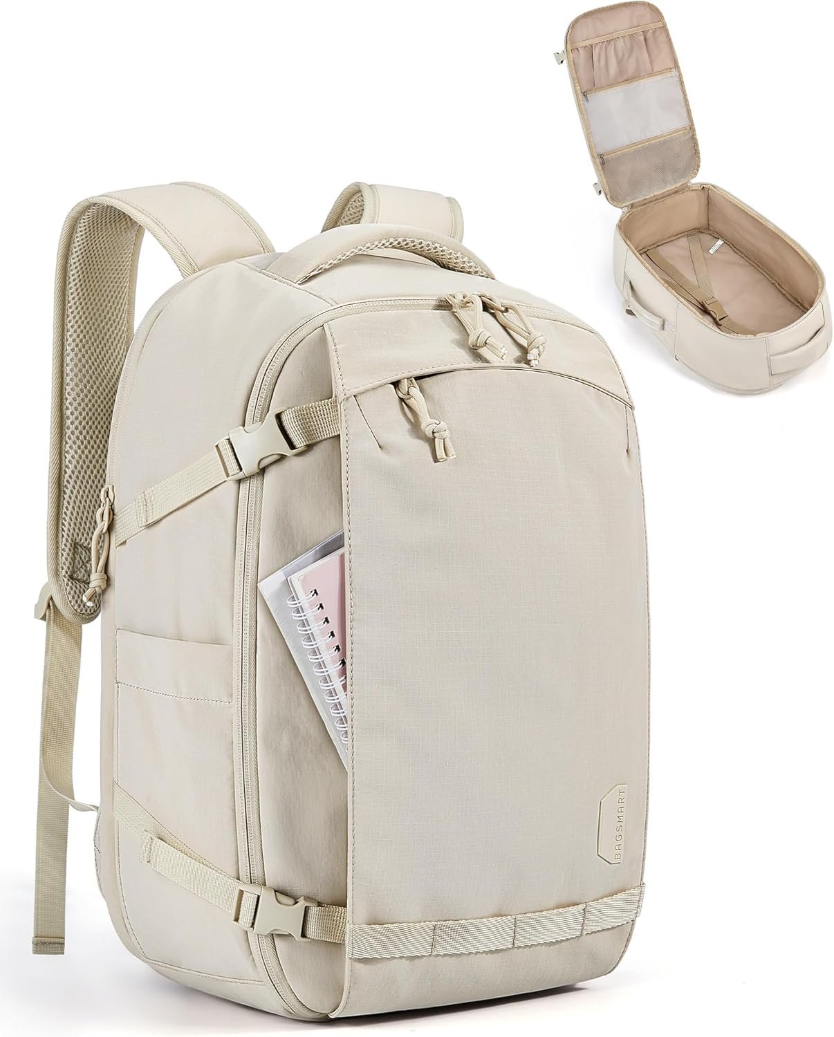 BAGSMART Travel Backpack for Women, 15.6 Inch Carry On Bag, Beige | TSA approved personal item fit for flights. Water resistant weekender daypack ideal for travel, business, and daily use.
