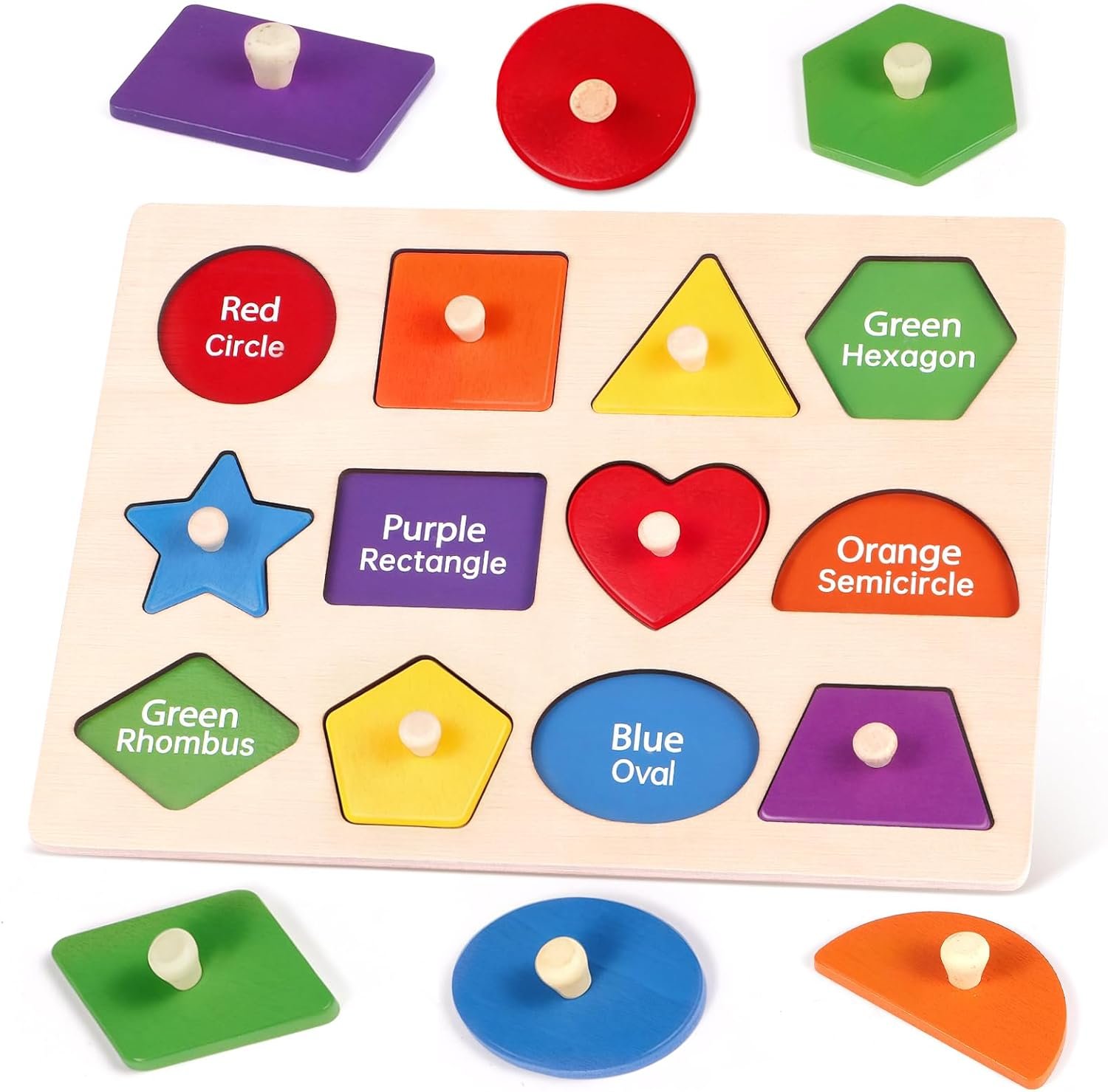 Montessori Wooden Peg Shape Puzzles for Toddlers | Sturdy Easy-Grip Smooth Wooden Shape Board, Fun Preschool Educational Learning Toys, Gifts for Boys & Girls