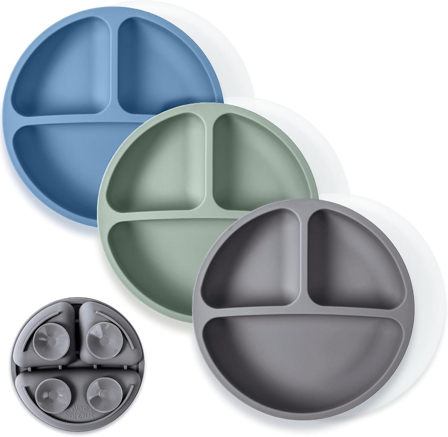 WeeSprout Suction Plates with Lids for Babies & Toddlers – 100% Silicone, Dinnerware Stays Put, Divided Design for Picky Eaters, Microwave & Dishwasher Friendly, 3 Pack