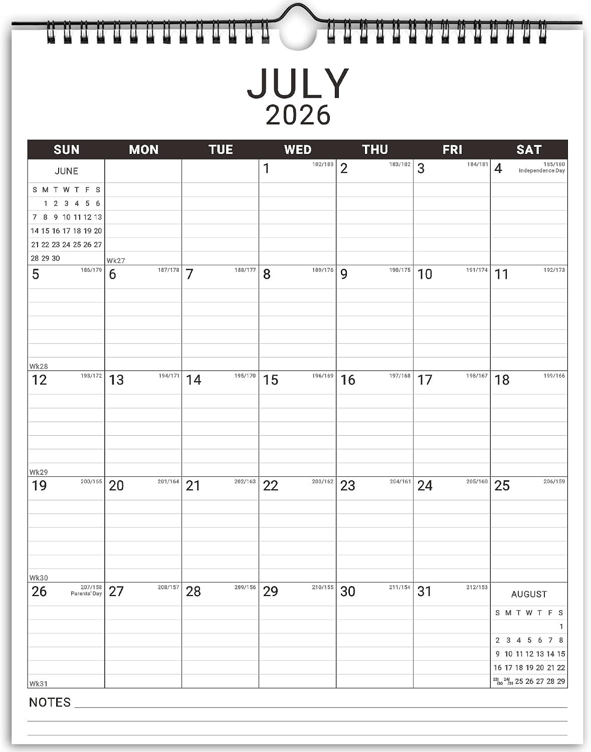 Calendar 2026-2027, July 2026-June 2027 12 Month 11.5”x14.8” Hanging Wall Calendar Paper Work Calendario 26-27 White 2