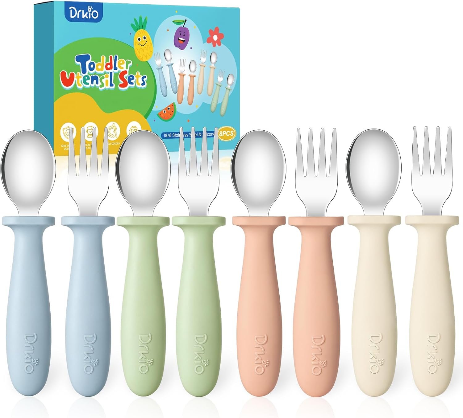 8 Pcs Toddler Utensils Set Kids Silverware with Forks and Spoons | Baby Utensils with Silicone Handle, Anti-Choke Design for Children’s Safe Self-Feeding, Food Grade Dishwasher Safe, BPA-Free