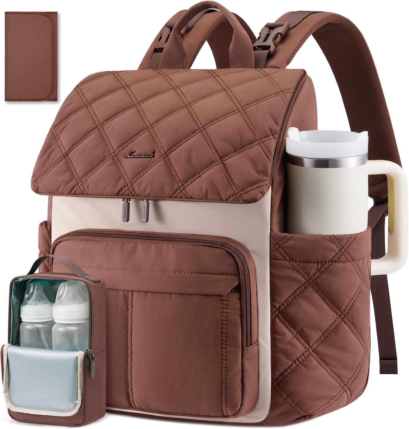 LOVEVOOK Diaper Bag Backpack With Pocket For Large Capacity Cup,Multi-Function Baby Travel Bag For Mom Dad,Waterproof Baby Bag for Boys Girls with Changing Pad,Insulated Bag,Stroller Straps,Brown