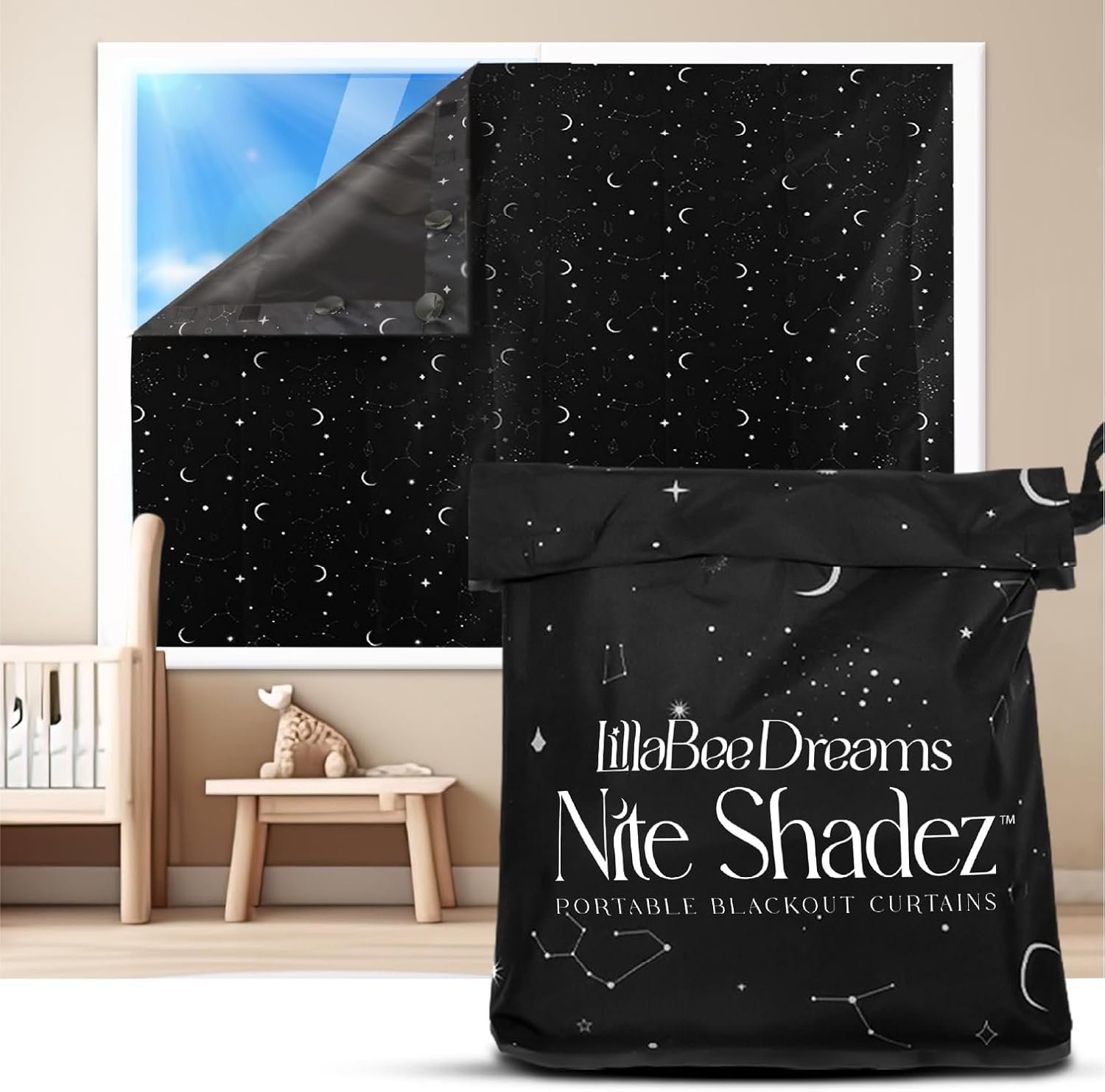 Portable Blackout Curtains (60″ x 80″) – Travel Blackout Curtains for Baby Nursery w/Stars – Portable Blackout Shades w/UV & Thermal Protection – 20 Stick on Suctions & Velcro Blackout Window Cover