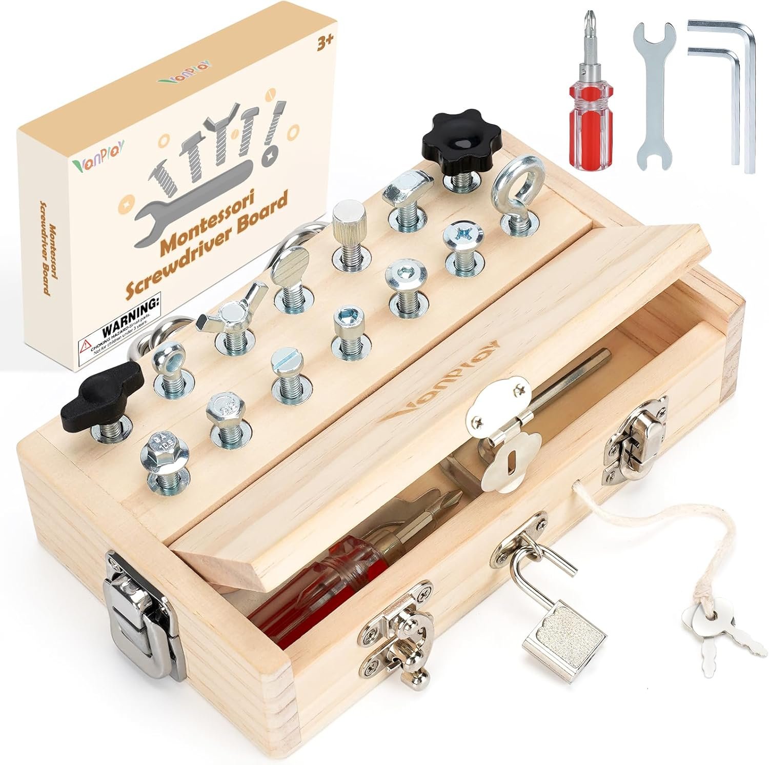 Vanplay Busy Board Toys for 3 4 5 Year Olds Boy Birthday Gifts, Montessori Toys for 3 Year Old, Screwdriver Board Set with Lock and Key – Wooden Kid Tool Set Educational Learning Toys for Kids 3-6