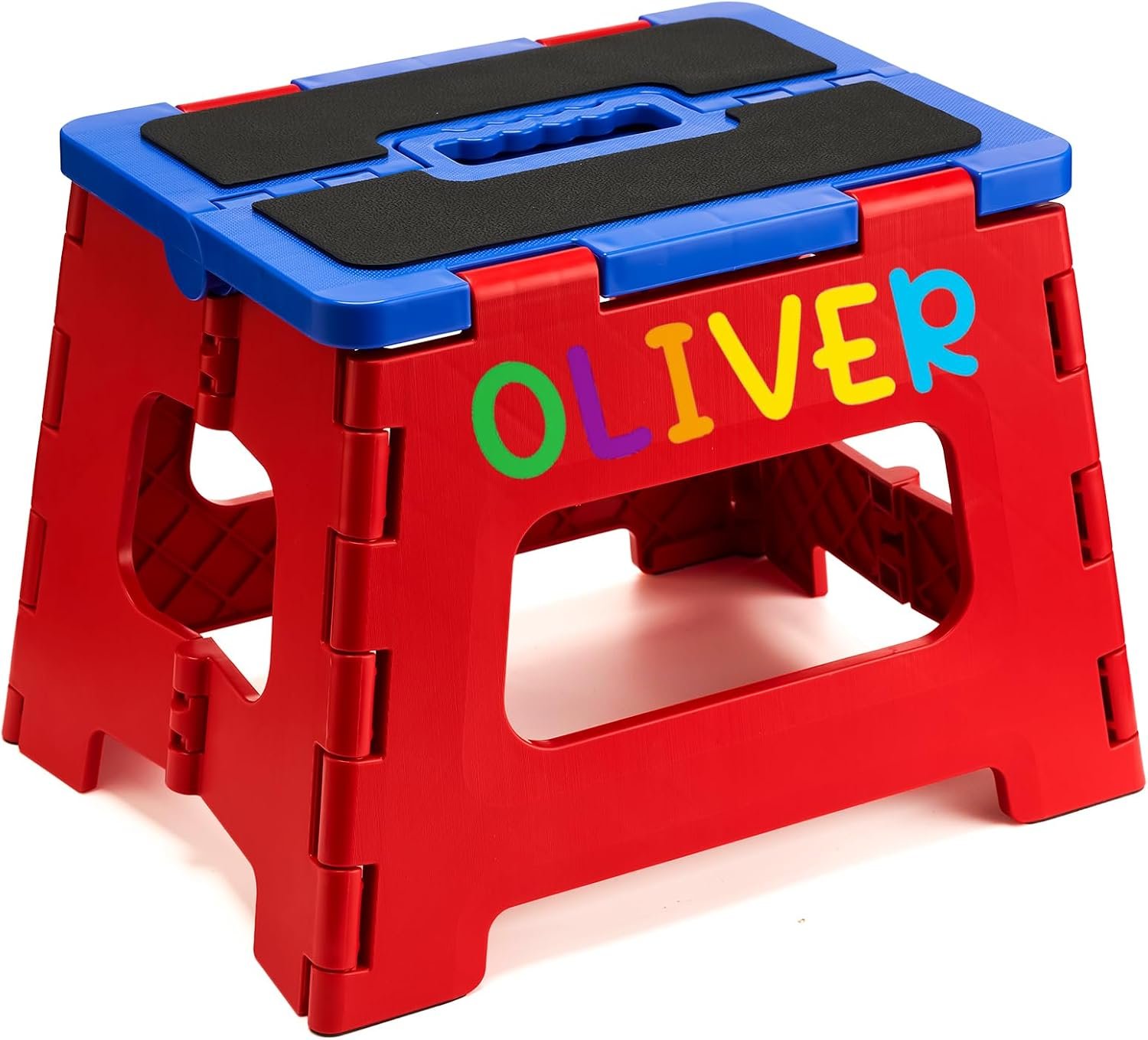 Delxo 9 Inch Folding Step Stool for Kids – Includes 3 Alphabet Letter Stickers & 2 Non-Slip Grip Pads, Sturdy Foldable Foot Stool for Toddlers, Kitchen, Bathroom & Bedroom (Red+Blue)
