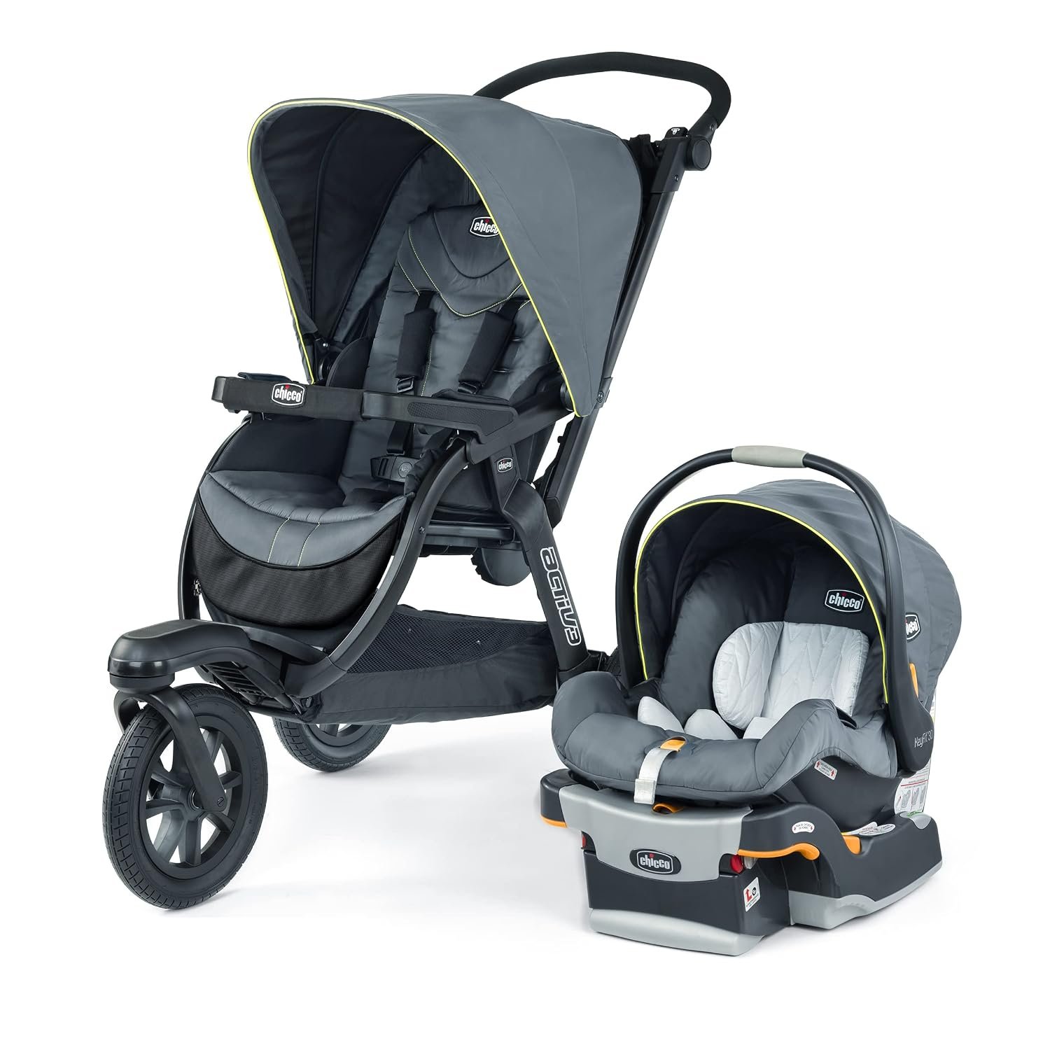 Chicco Activ3 Jogging Stroller and Car Seat Combo, Travel System | Solar/Grey, infant car seat and stroller combo, foam-filled tires, UPF 50+ canopy, FlexCore suspension, baby gear, 0-30 lbs