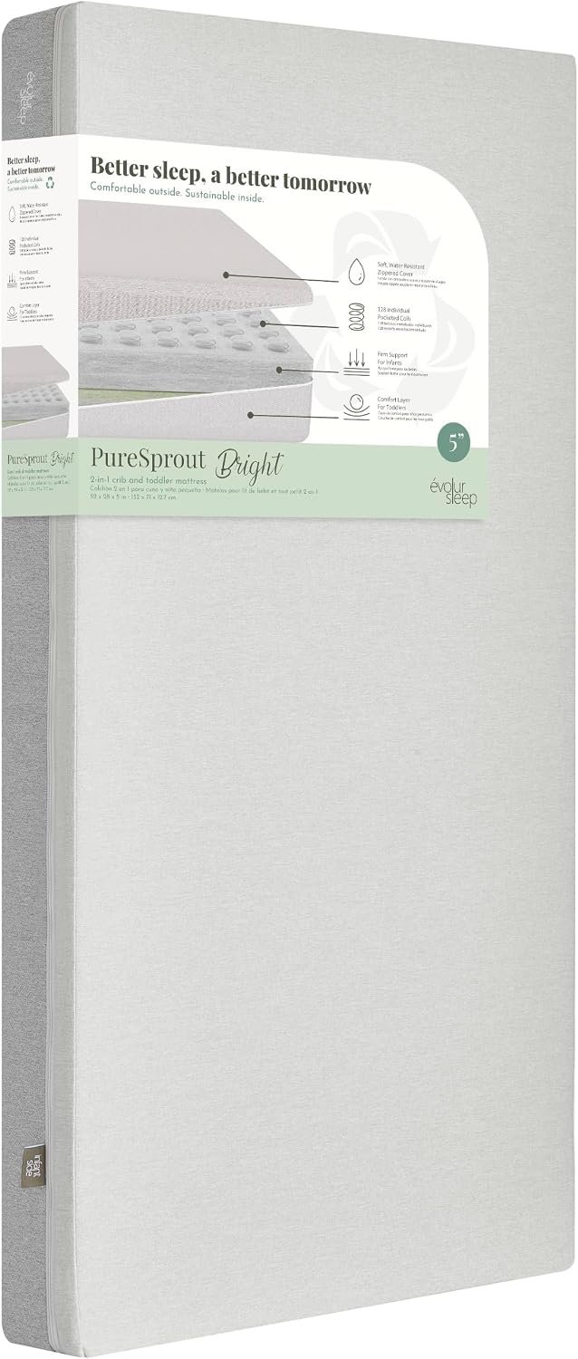 Evolur PureSprout Light 2-in-1 Crib Mattress, Dual-Sided for Infant & Toddler, Airlay Fiber Core, Washable Cover, GREENGUARD Gold & BSA Certified, Fits Full-Size Crib & Toddler Bed, 52″ x 28″ x 5″