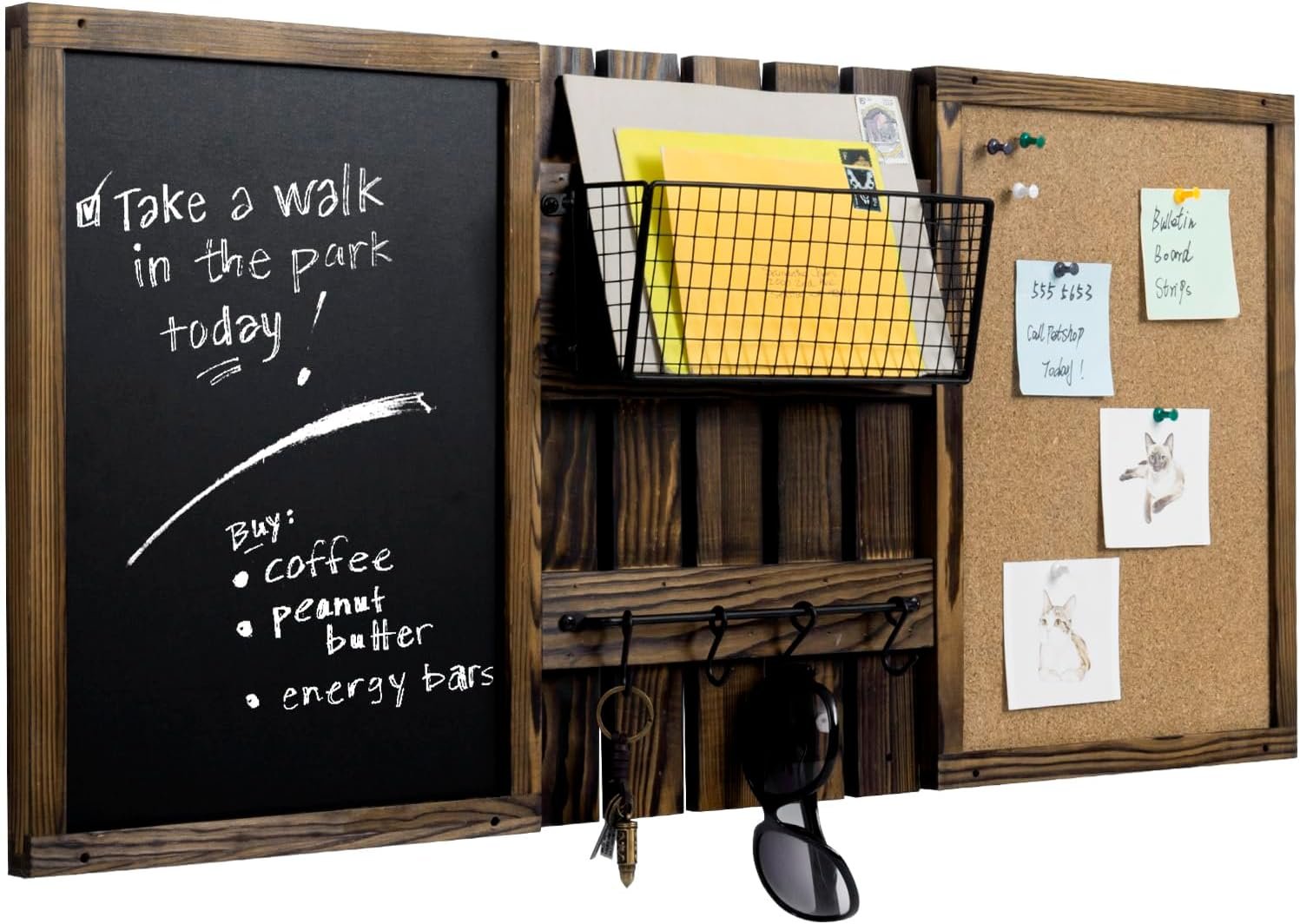 MyGift 3 Panel Wall Mounted Entryway Bulletin Board Combo Set | Rustic Burnt Solid Wood Frame with a Chalkboard, Cork Board, Black Metal Mail Basket, and Hanging Rail Message Display Office