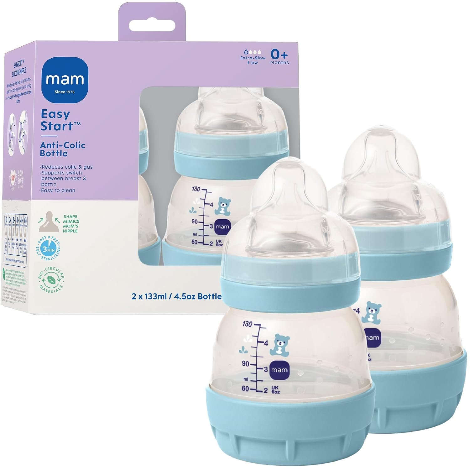 MAM 4.5oz Easy Start Anti-Colic+ Vented Baby Bottle, 0+ Months, 2 Pack, Boy | Extra Slow Flow Breastfeeding-Like Silicone Nipple,Dual Anti-Colic Bottle Reduces Colic, Gas & Reflux, Easy Clean, BPA Free