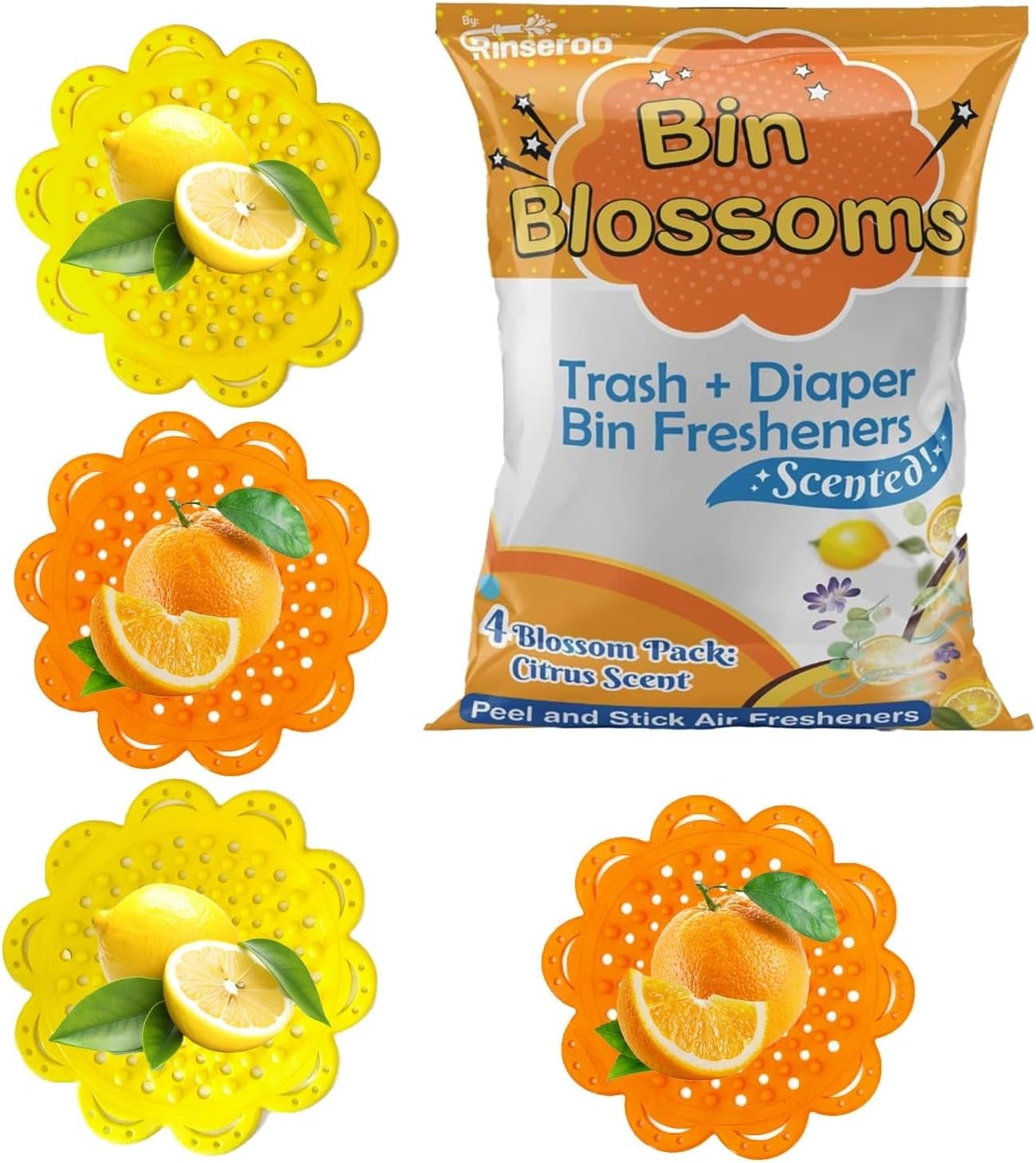Bin Blossoms Peel & Stick Air Freshener, Citrus Fresh, 4-Pack | New & Improved, Trash Can Deodorizer, Diaper Pail Odor Neutralizer, Garbage Bin Odor Control, For Lid or Base