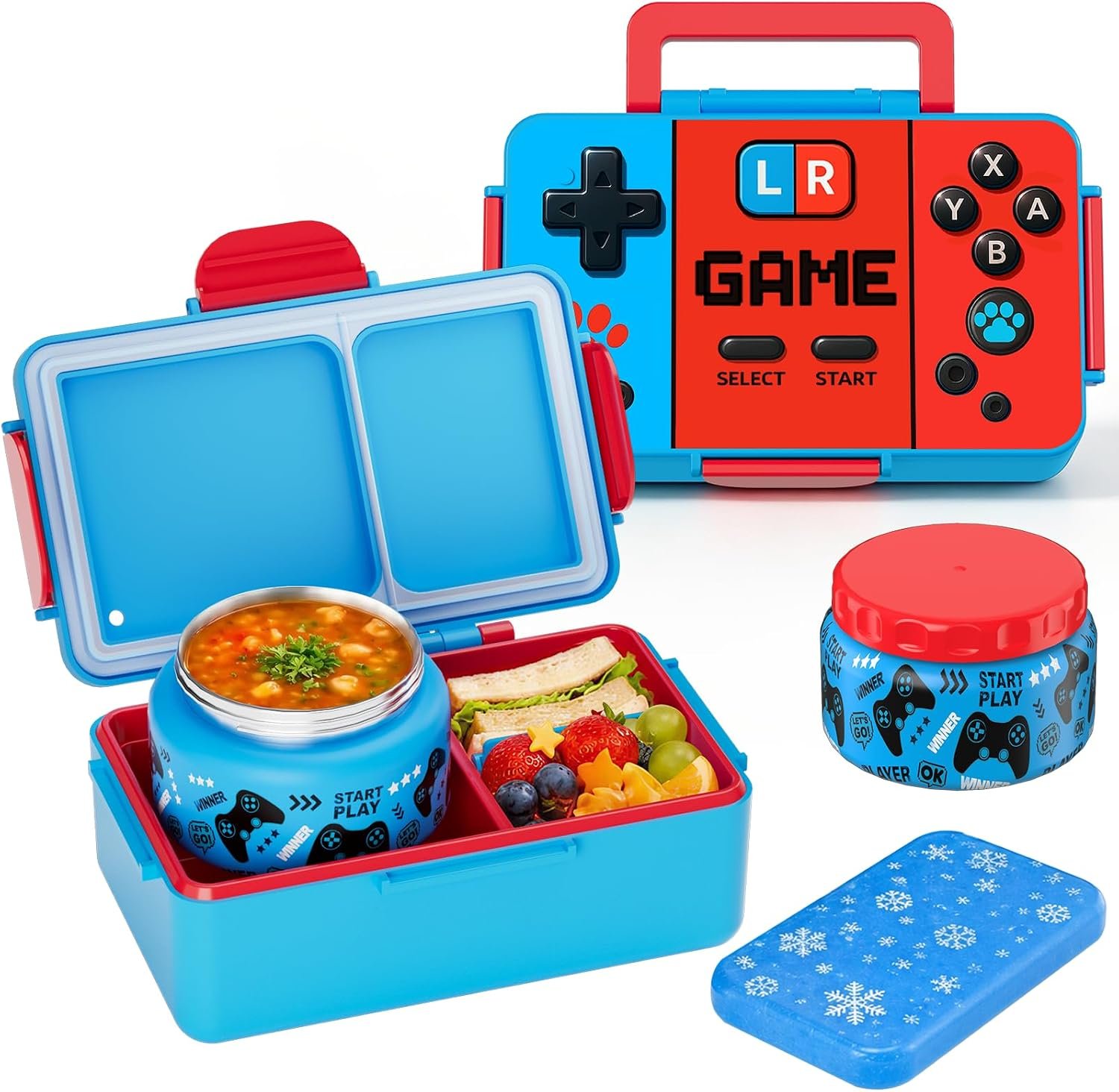 Bento Lunch Box for Kids– Game Console Design with 12oz Insulated Stainless Steel Soup Jar and Built-in Ice Pack, 3-Compartment Leak-Proof Kids Bento Box for Boys Girls School Travel