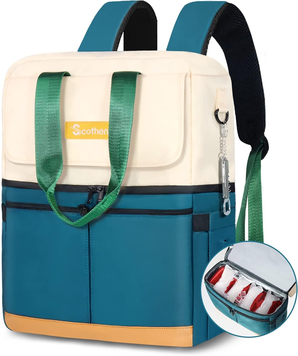 Scothen Backpack Cooler with Double Decker & 12 Ice Packs- Keeps 36 Cans Cold for Up to 24 Hours- Waterproof & Leak Proof Insulated Cooler Backpack- Stylish Cooler Bookbag for Women Travel Work Beach