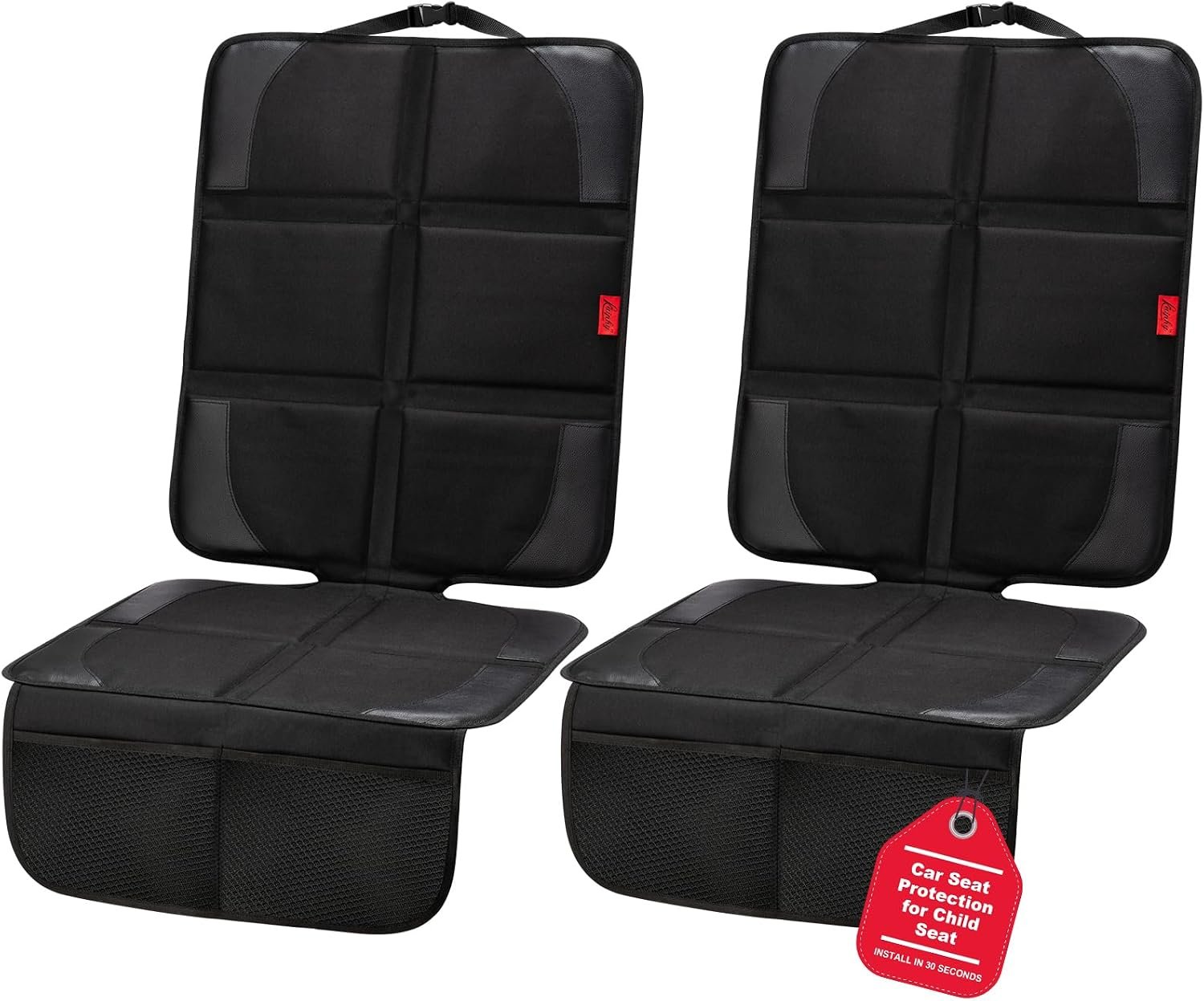 Kaiphy Car Seat Protector with Thick Padding + XL Large Car Seat Cover for Child Car seat, Eco Friendly Waterproof & Durable Fabric + 2 Storage Pockets Protect Fabric or Leather Seats 2Pack (Black)