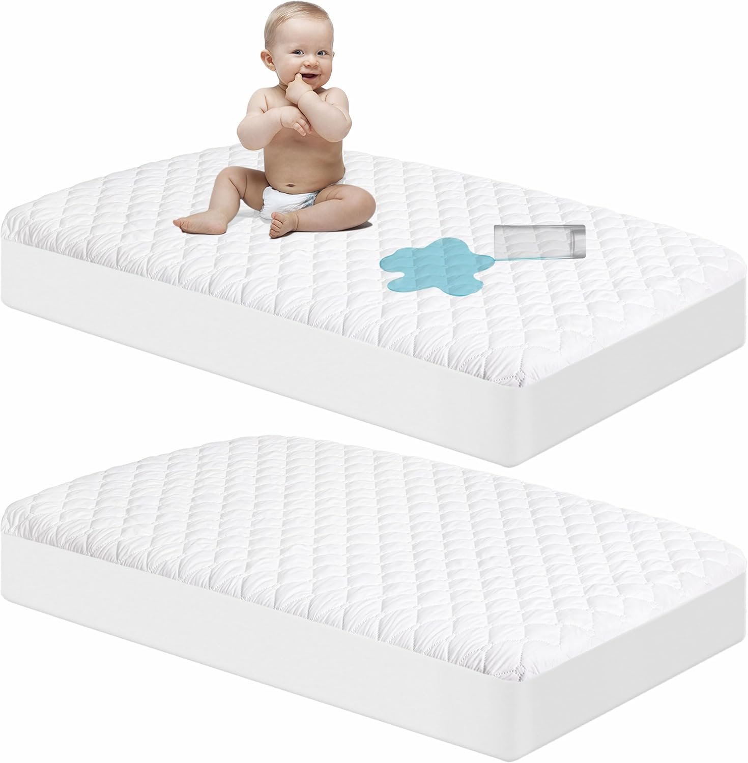NTBAY Waterproof Crib Mattress Protectors, 2 Pack, White | Quilted Microfiber with Waterproof TPU, Full Elastic, and 8 Inch Pockets for Standard 28 x 52 Inch Crib Mattresses