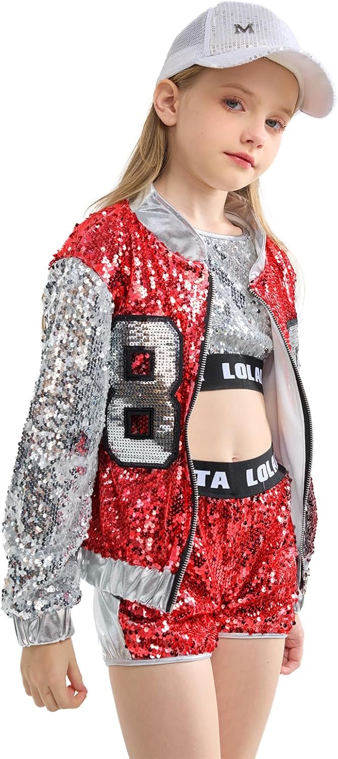 LOLANTA Girls Sequin Dance Costume, 4PCs Sparkle Hip Hop Jazz Outfits | 4PCs Sequin Dance Set: Jacket+Short+Vest+Socks, for Hip Hop Jazz, Halloween, Concerts, Theme Party, Recital, Birthday