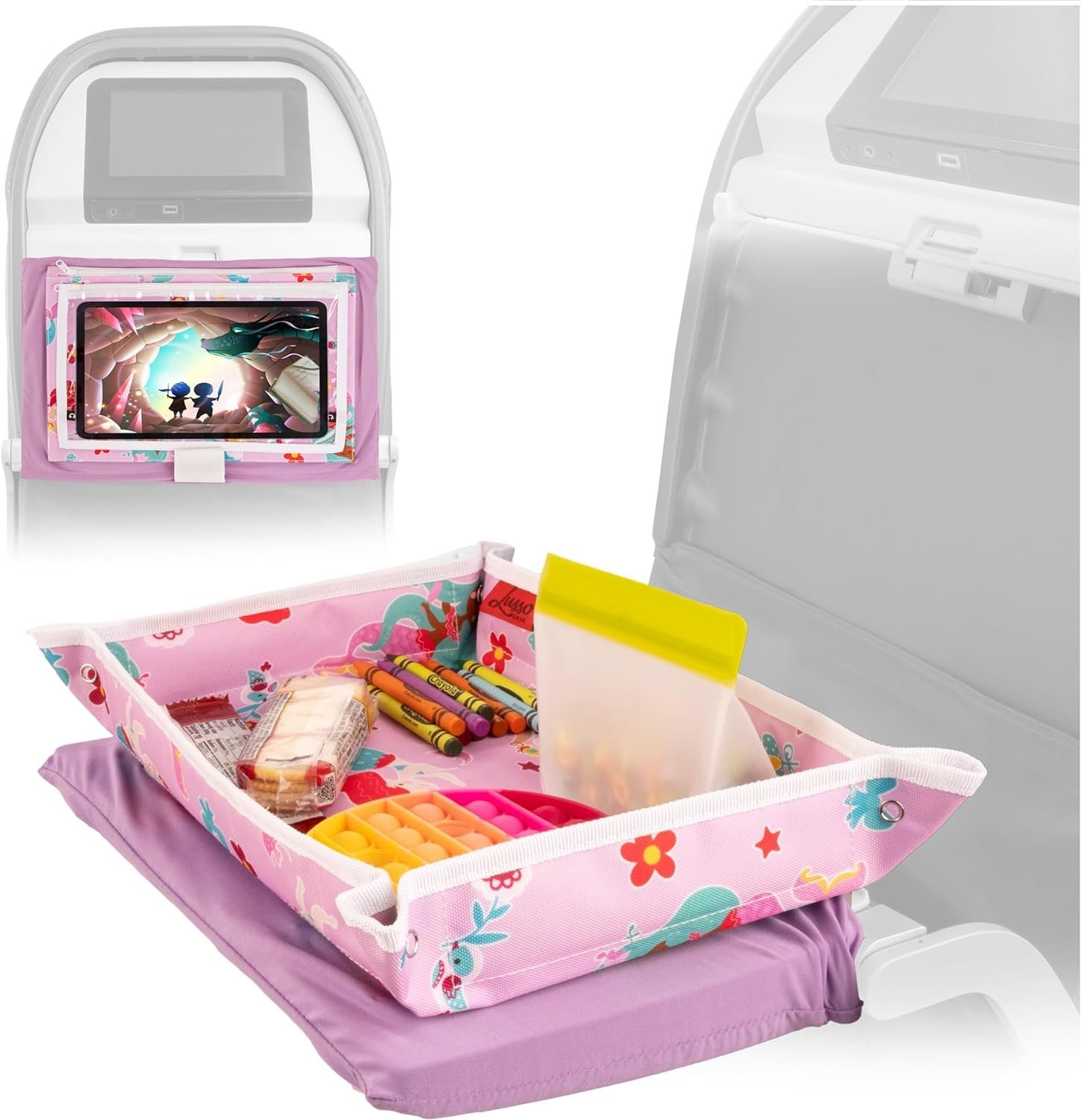 Lusso Gear Airplane Tray Table Cover – Organize Kids Travel Essentials – Pockets for Airplane Toys for Toddlers 1-3 – Foldable Tablet Stand for Travel Toddler Essentials (Mermaids) | with Pockets