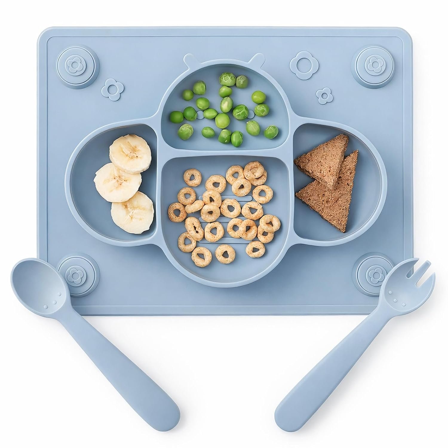 Suction Plates for Baby placemat Spoon Fork Set for Toddlers, Silicone Baby Plates with Suction Baby Dishes for Kids Plates-Dusty blue