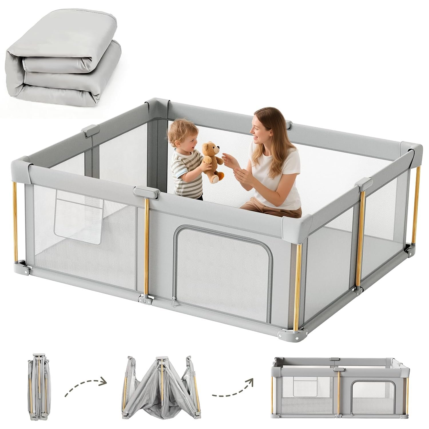 Foldable Baby Playpen with Mat, 71×59 Foldable Play Pen for Babies and Toddlers, Baby Playpen with Portable Design, Collapsible Play Yard for Fence Indoor and Outdoor