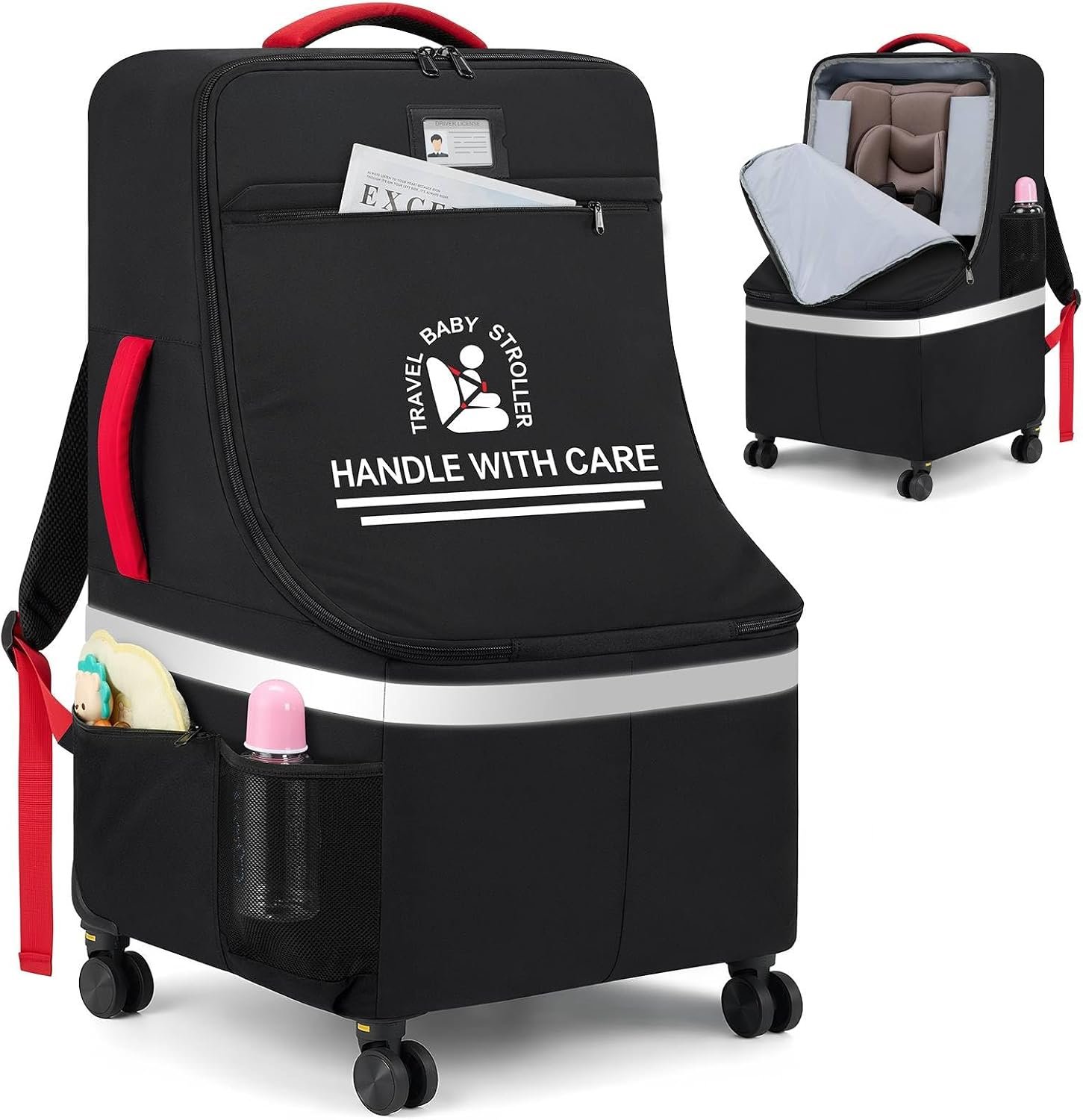 RAINSMORE Padded Car Seat Travel Bag for Airplane with Spinner Wheels | Heavy Duty Carseat Backpack for Air Travel Large Rolling Airport Gate Check Bags Fits Baby Car Seats & Boosters