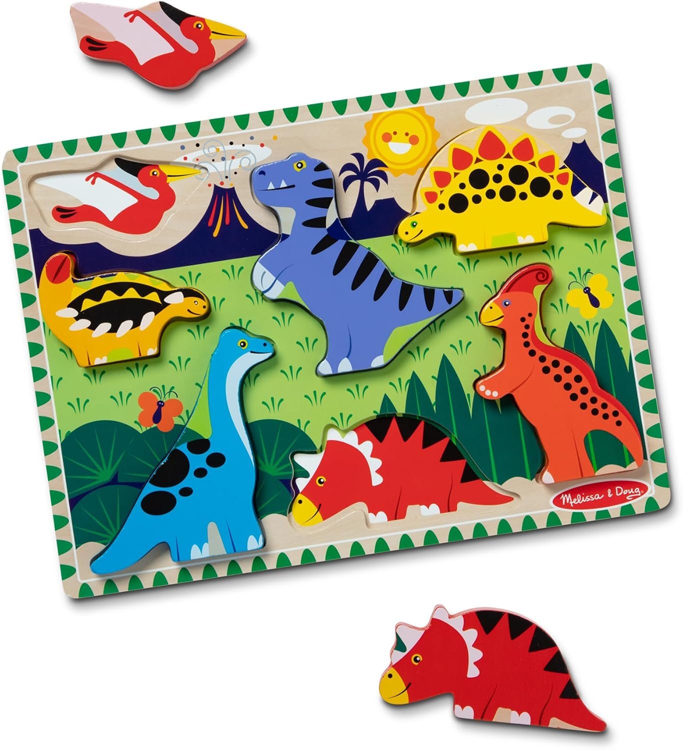 Melissa & Doug Dinosaur Wooden Chunky Puzzle (7 pcs) – FSC Certified | 7 Piece Set, Wooden Dinosaur Play Figures, Puzzle Board, Motor Skill Buiilding, Matching Play, Toddler Toys for Kids, Ages 2+