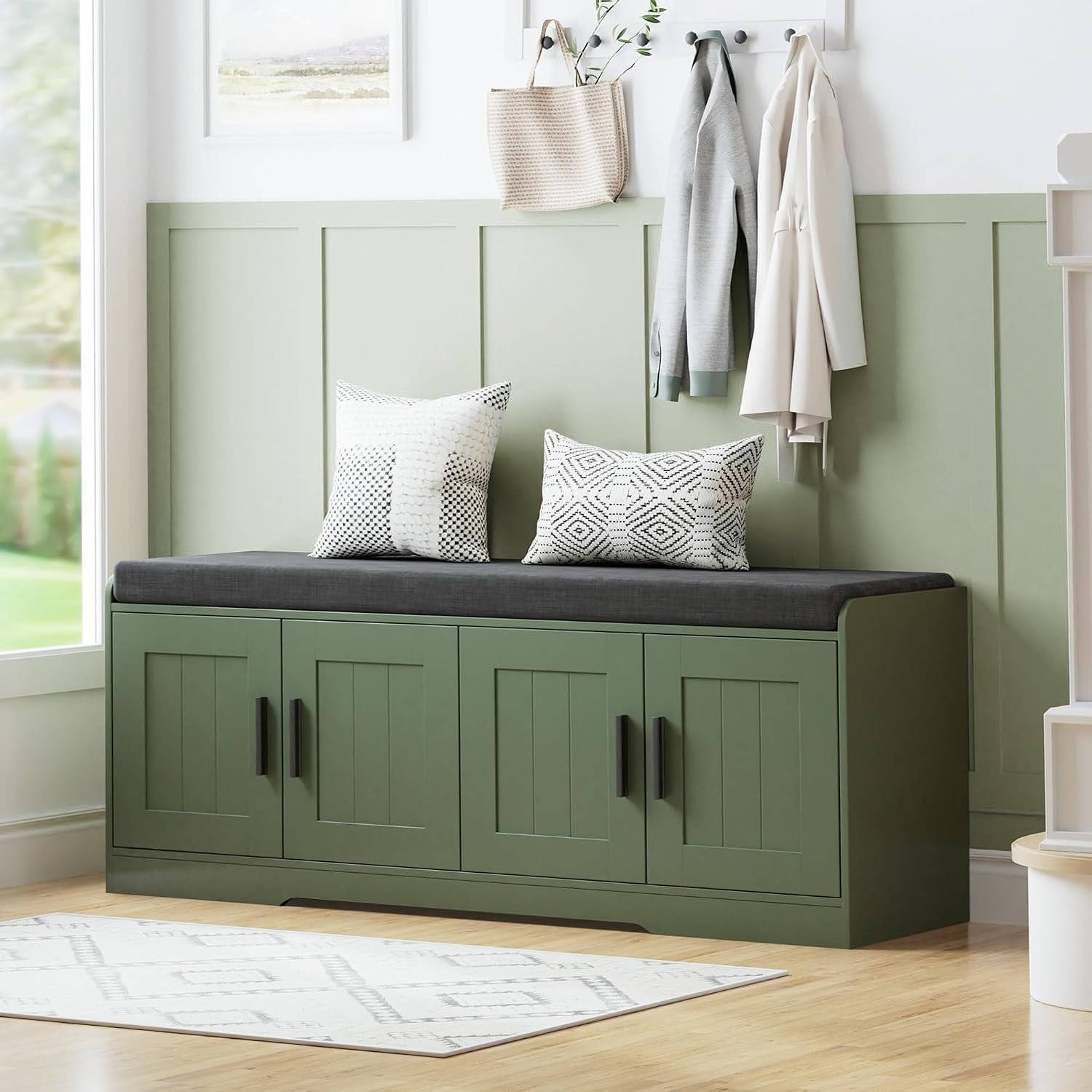 Homleke Shoe Storage Bench, 4 Doors & Thickened Padded Seat Cushion | 2-Tier Shoe Bench, Entryway Bench, Adjustable Shelf, 13.8″ D x 45.3″ W x 18.5″ H, for Living Room, Bedroom, Green