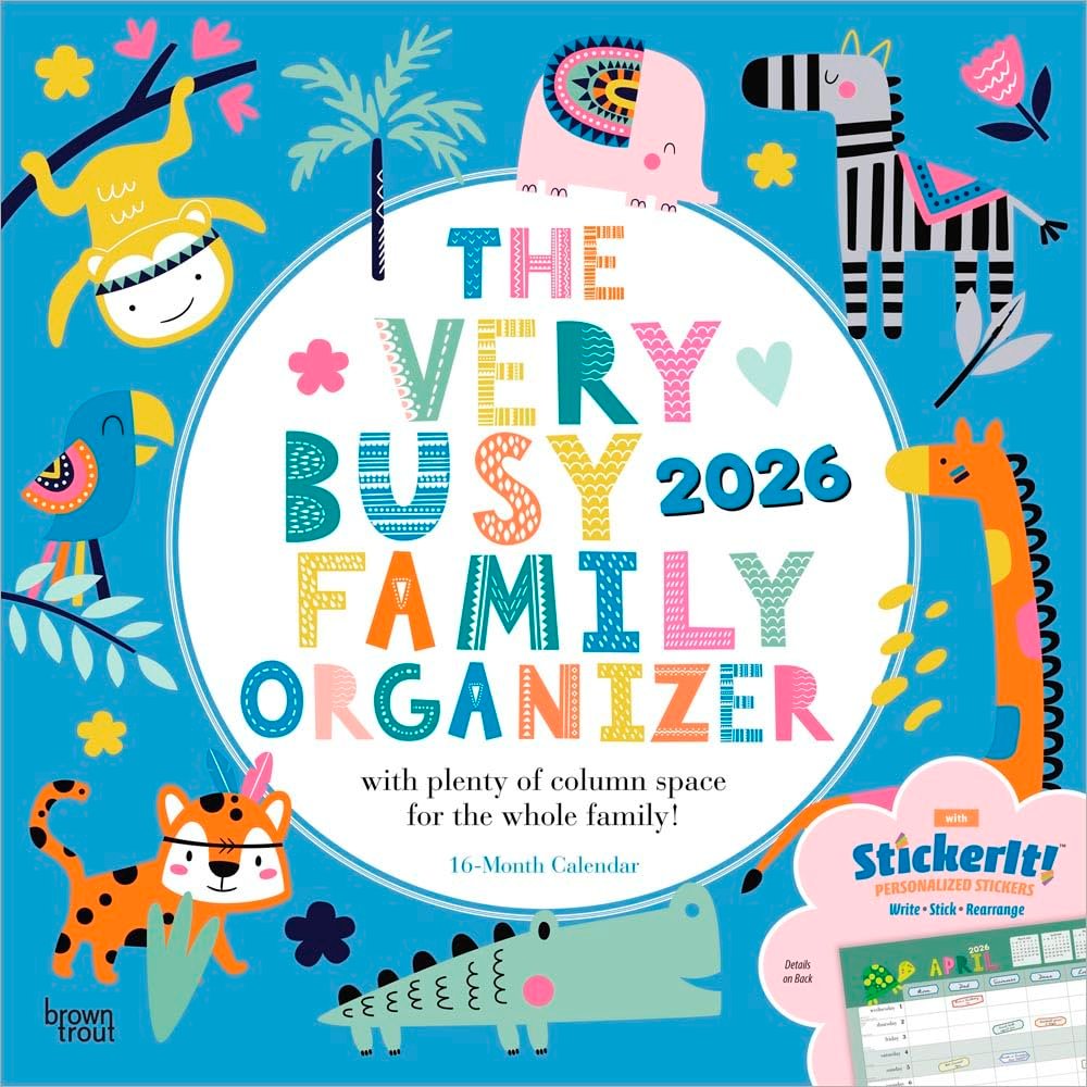 The Very Busy Family Organizer | 2026 12 x 24 Inch (Hanging) Monthly Square Wall Calendar | Matte Paper and Sticker Sheet | Plastic-Free | BrownTrout | Planner Scheduler